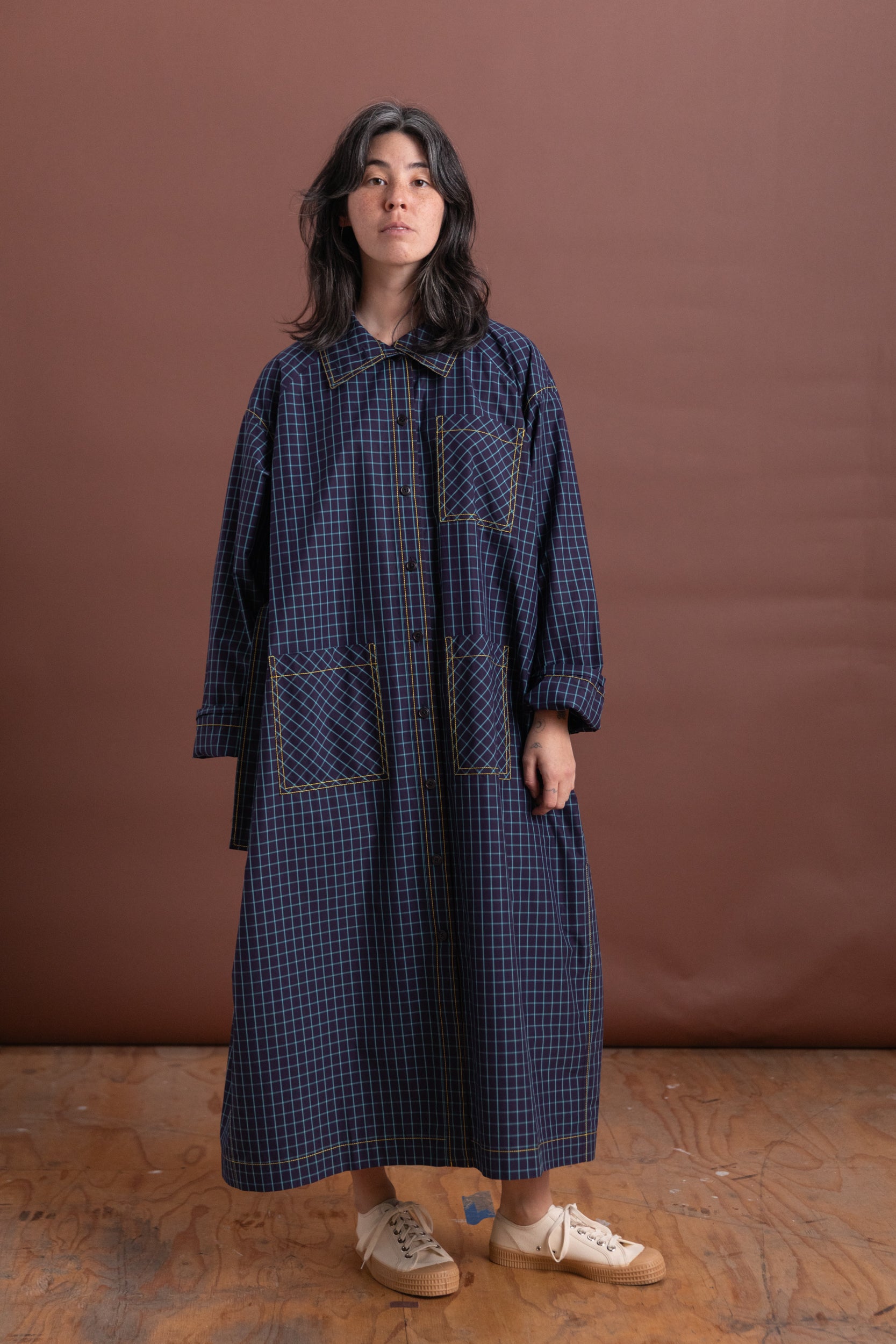 TRENCH DRESS IN ITALIAN WINDOWPANE COTTON