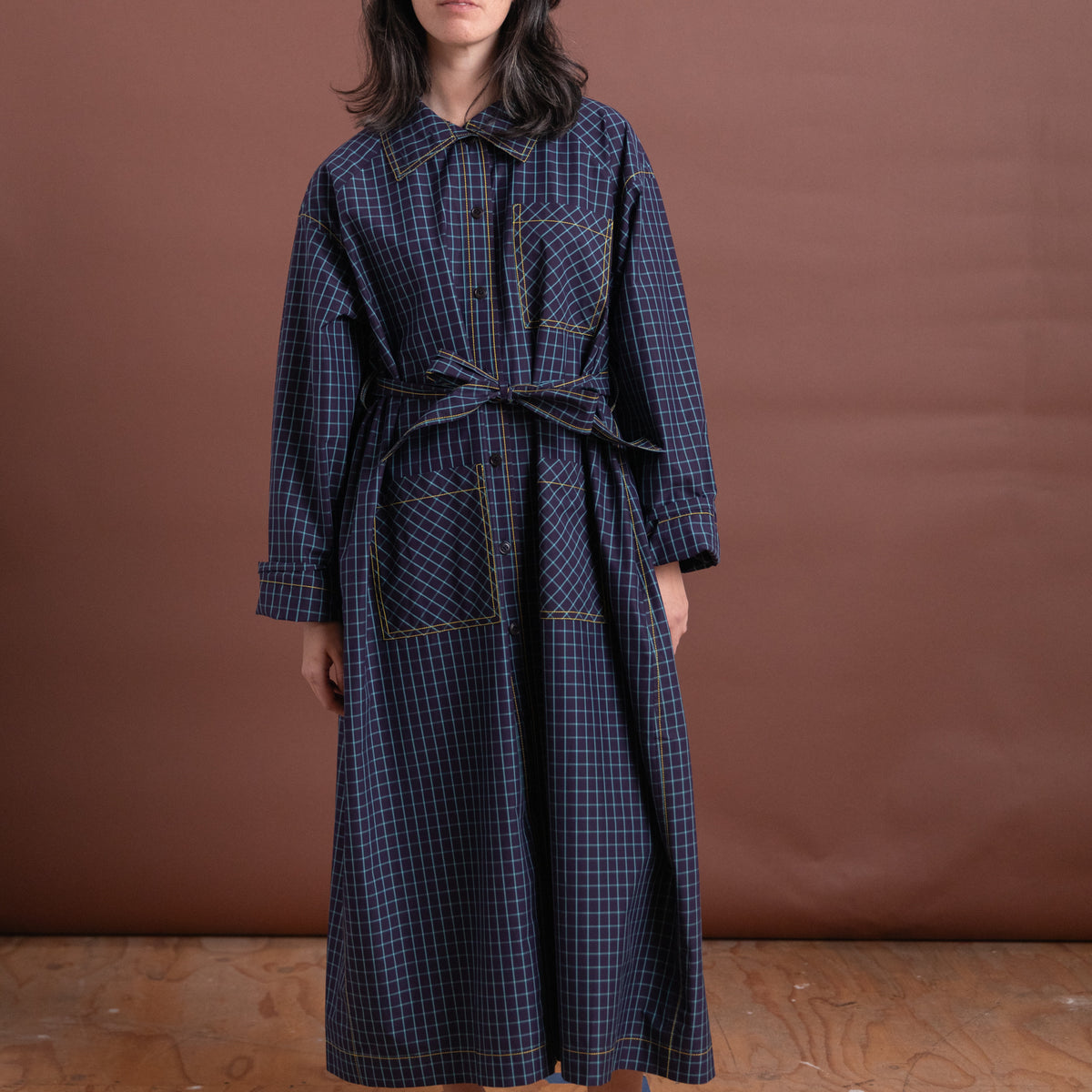 long trench dress IN ITALIAN WINDOWPANE COTTON eos26sale Front shoulder to waist A Short History of Color:Off White/Off White