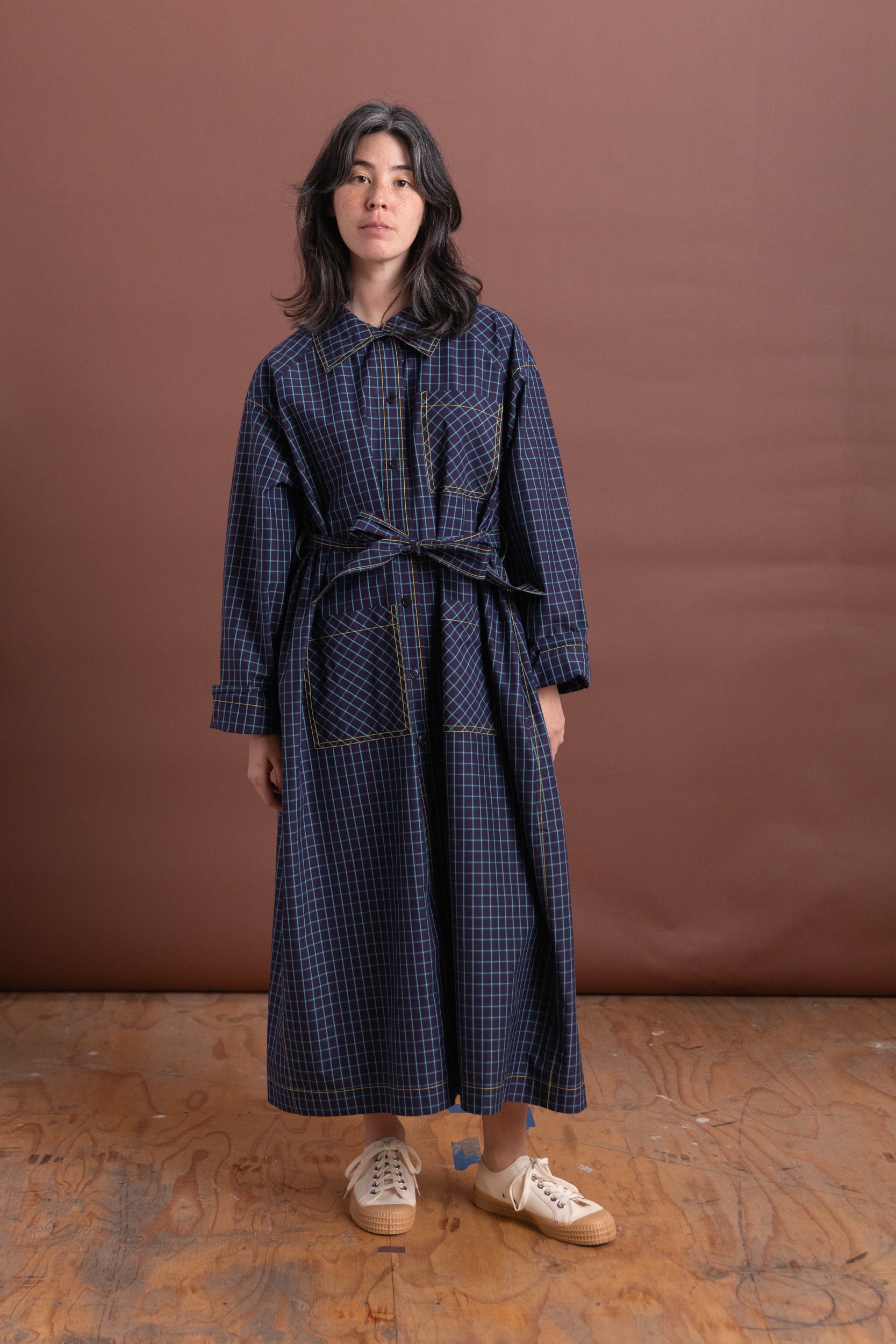 TRENCH DRESS IN ITALIAN WINDOWPANE COTTON