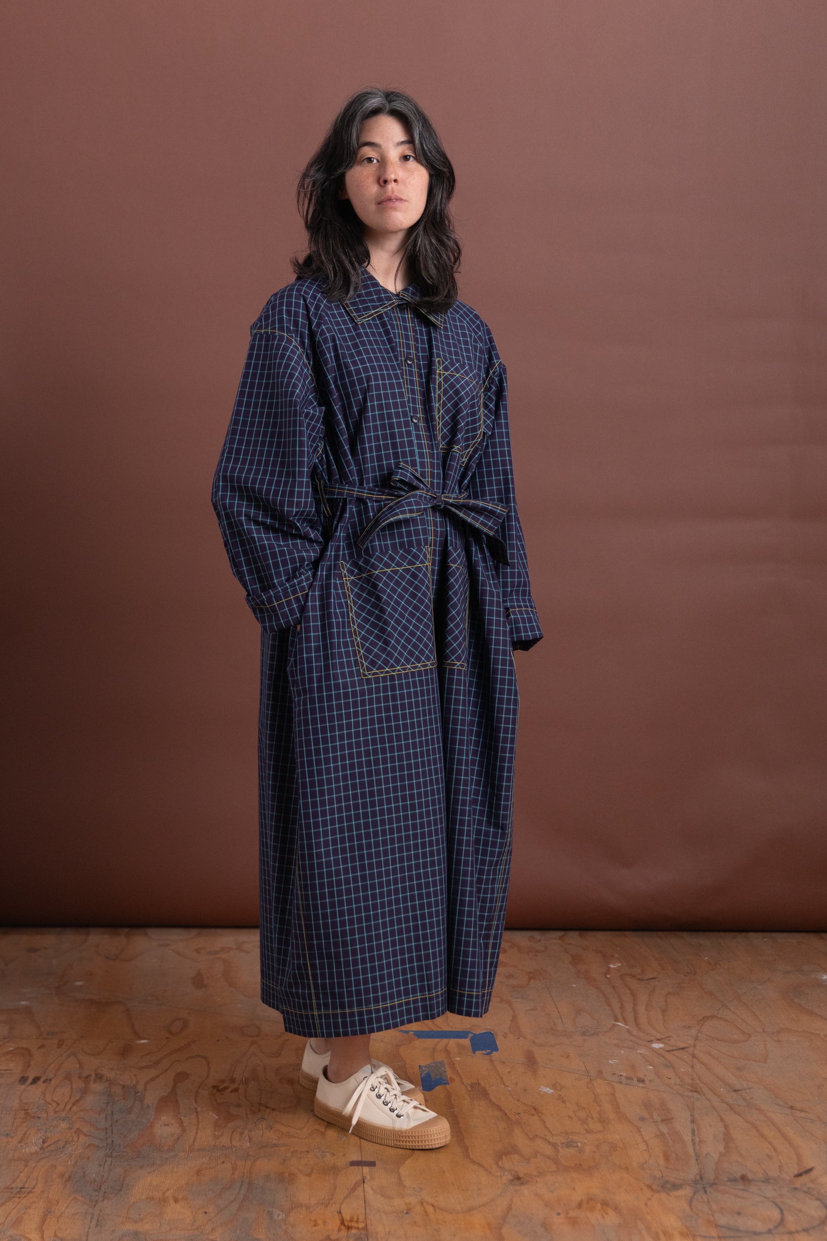 TRENCH DRESS IN ITALIAN WINDOWPANE COTTON