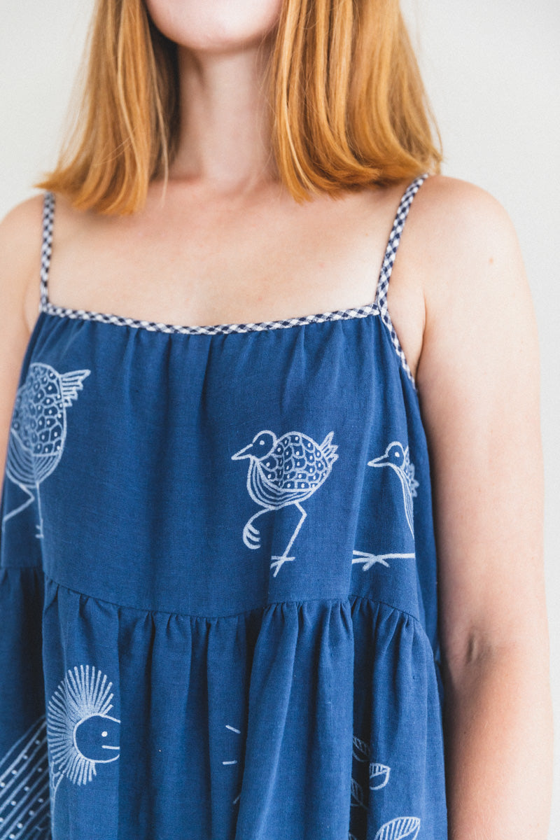 MALI PAINTED DRESS IN NAVY LINEN