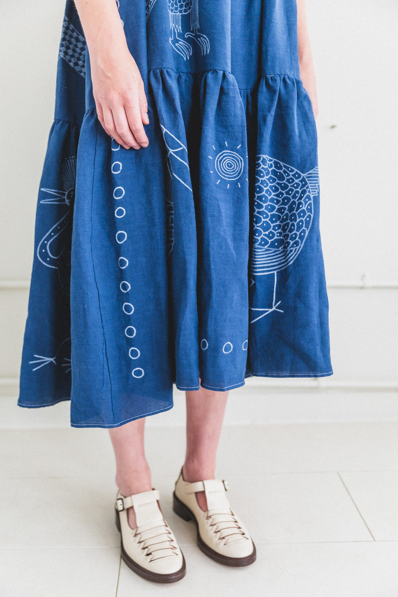 MALI PAINTED DRESS IN NAVY LINEN