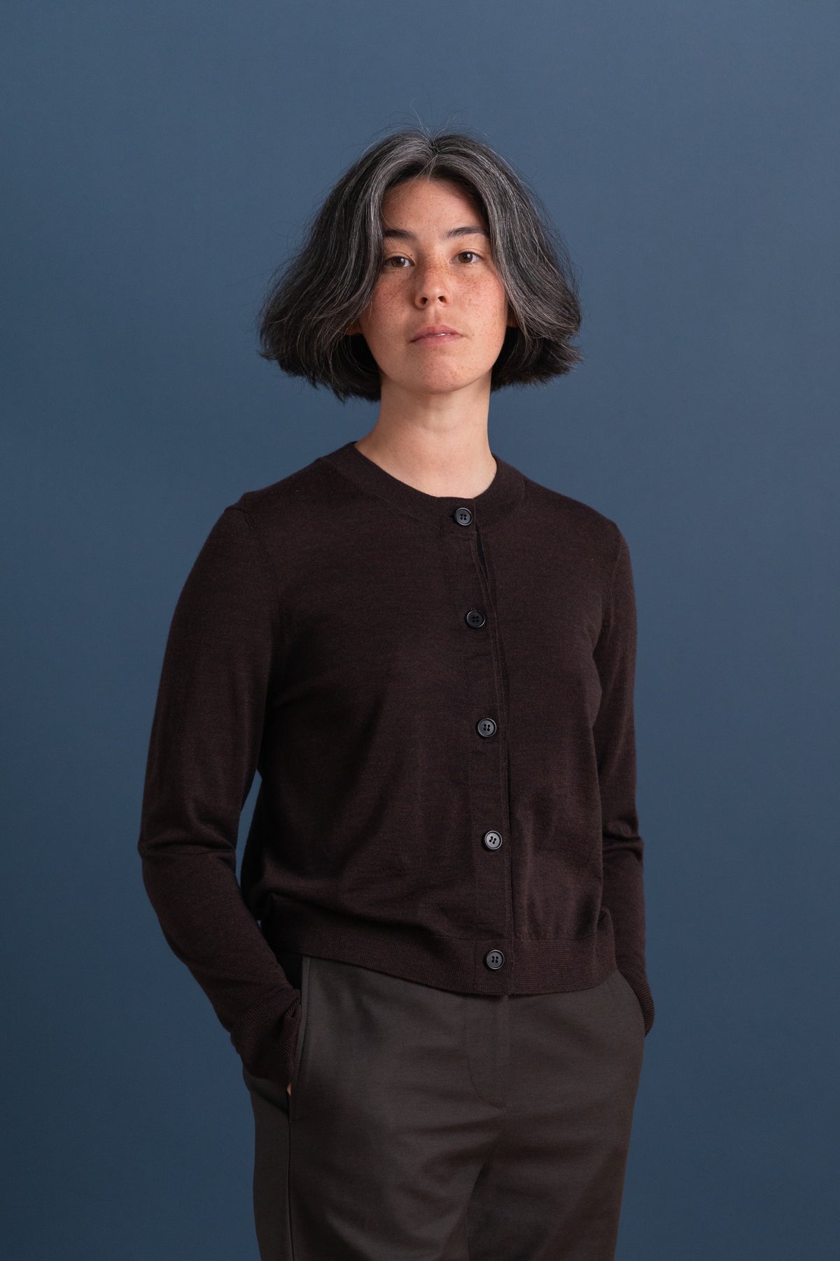 CARDIGAN WITH GROSGRAIN PLACKET IN DARK BROWN MERINO WOOL