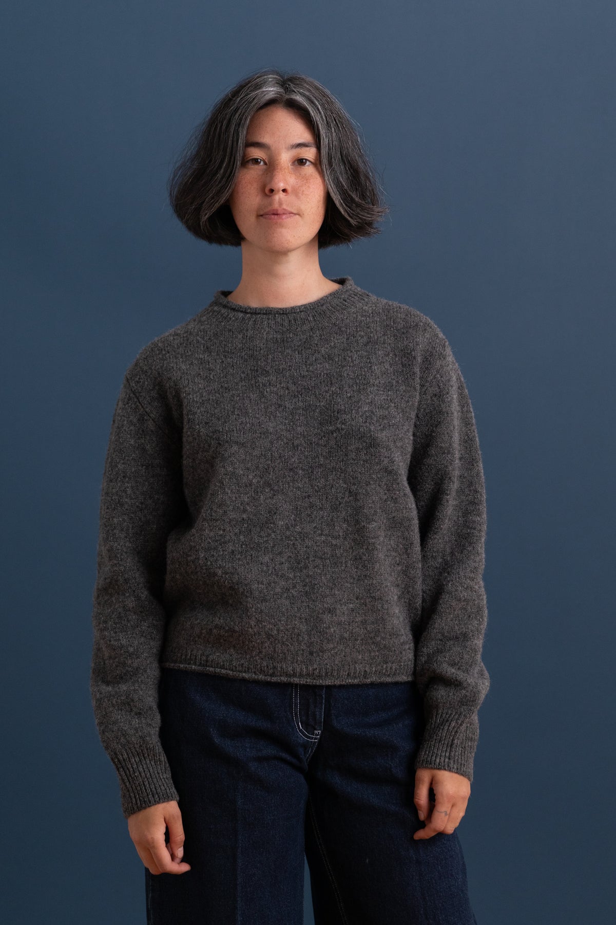 MHL ROLLED EDGE JUMPER SHETLAND WOOL GREY