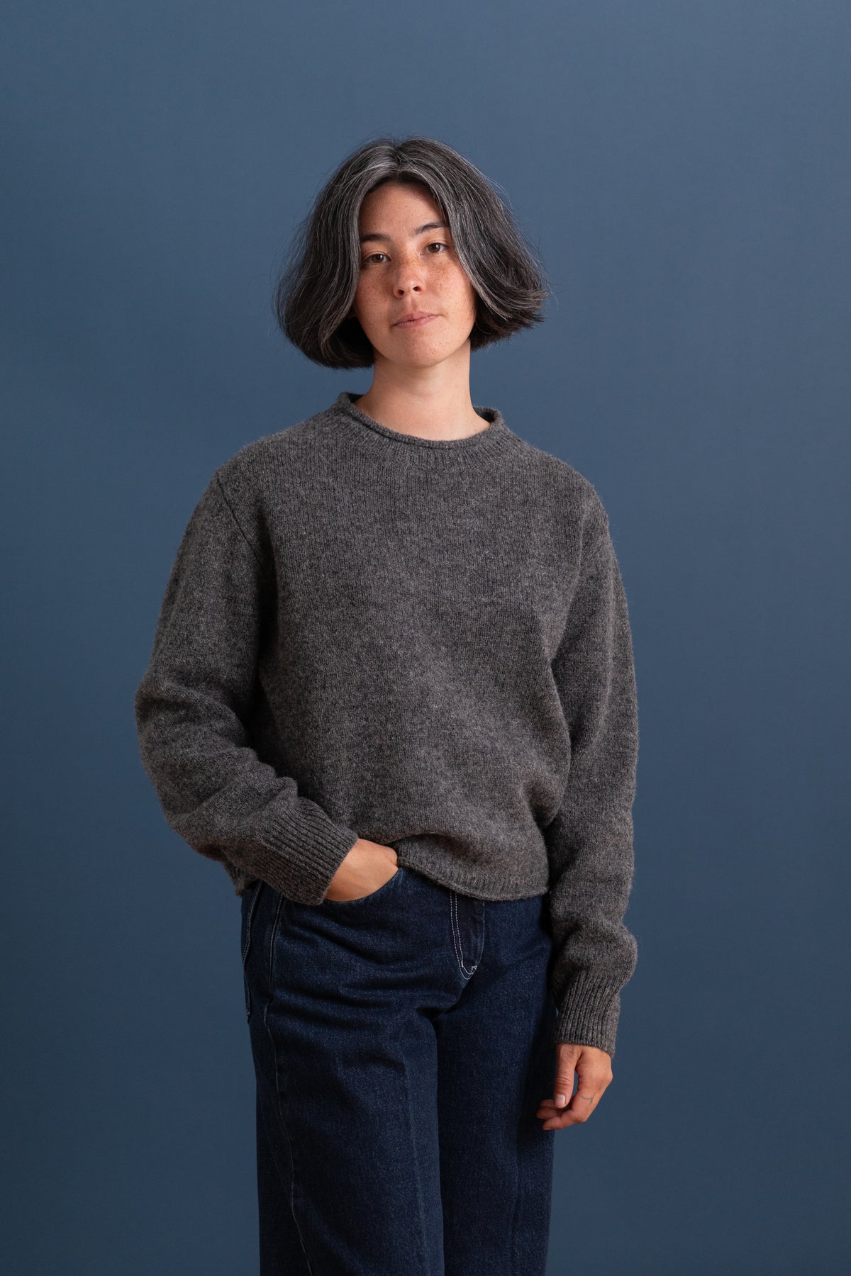 MHL ROLLED EDGE JUMPER SHETLAND WOOL GREY