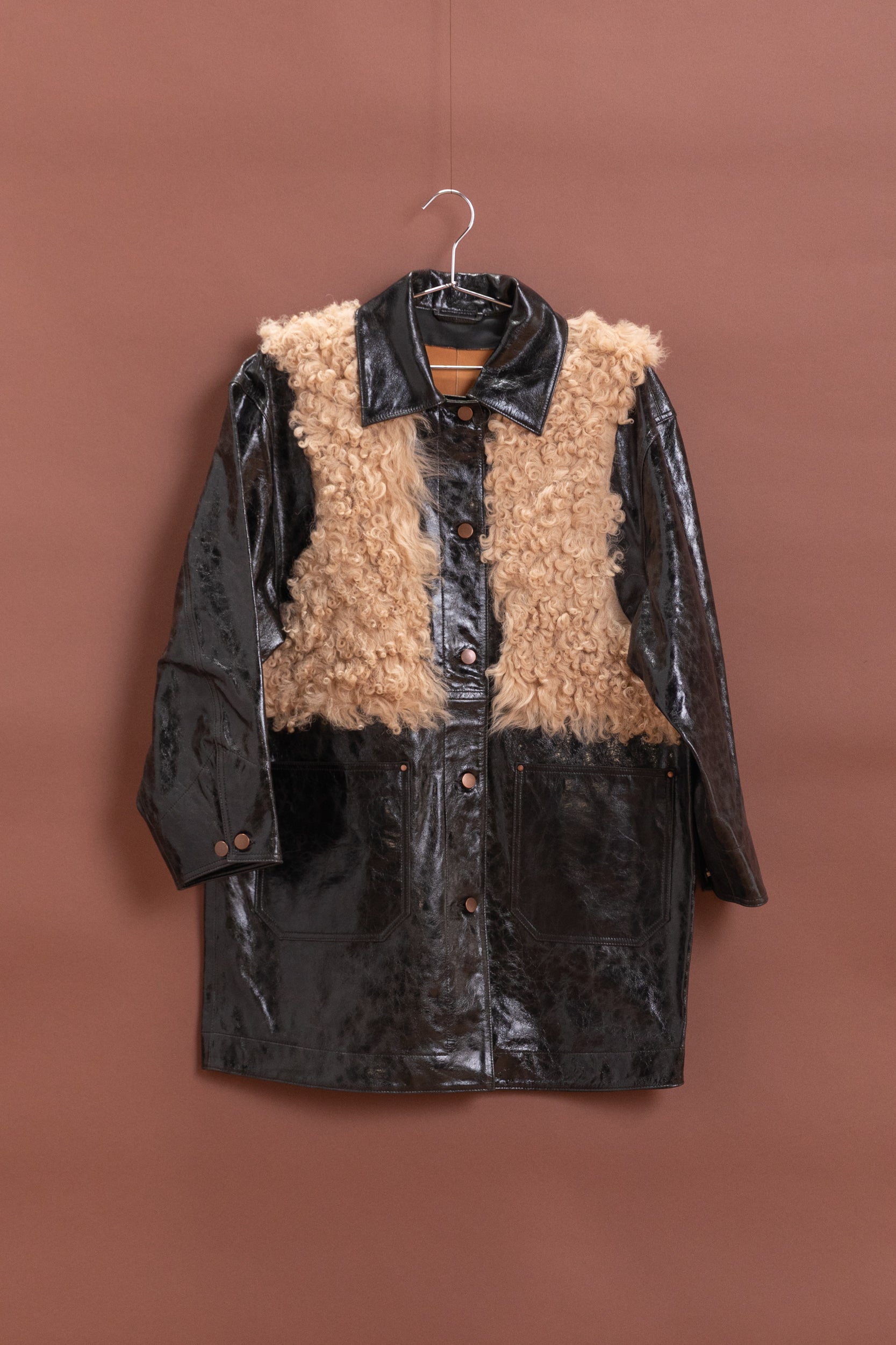 CHORE COAT IN BLACK PATENT SUEDE