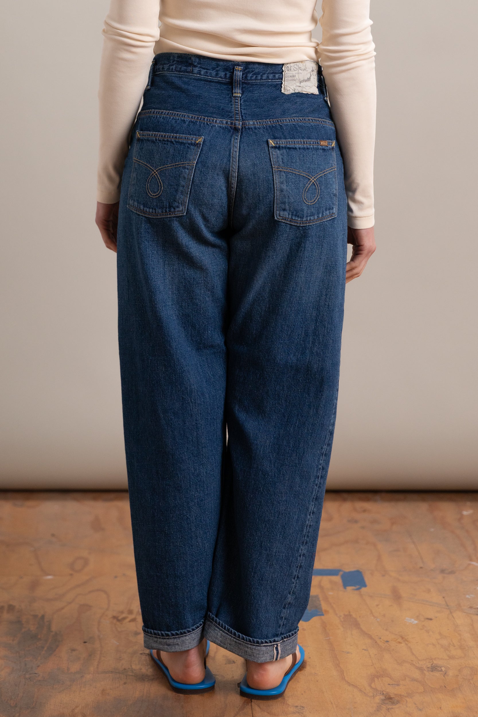 HIGH WAIST SELVEDGE PANTS IN USED DENIM