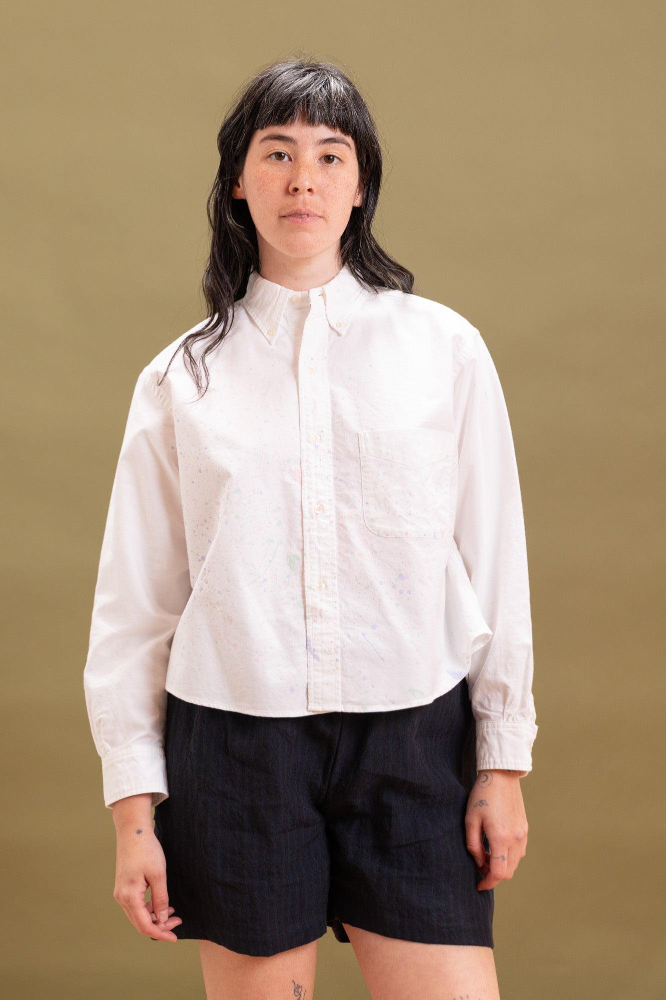 SHORT BUTTON DOWN SHIRT WITH PAINT SPLATTERS
