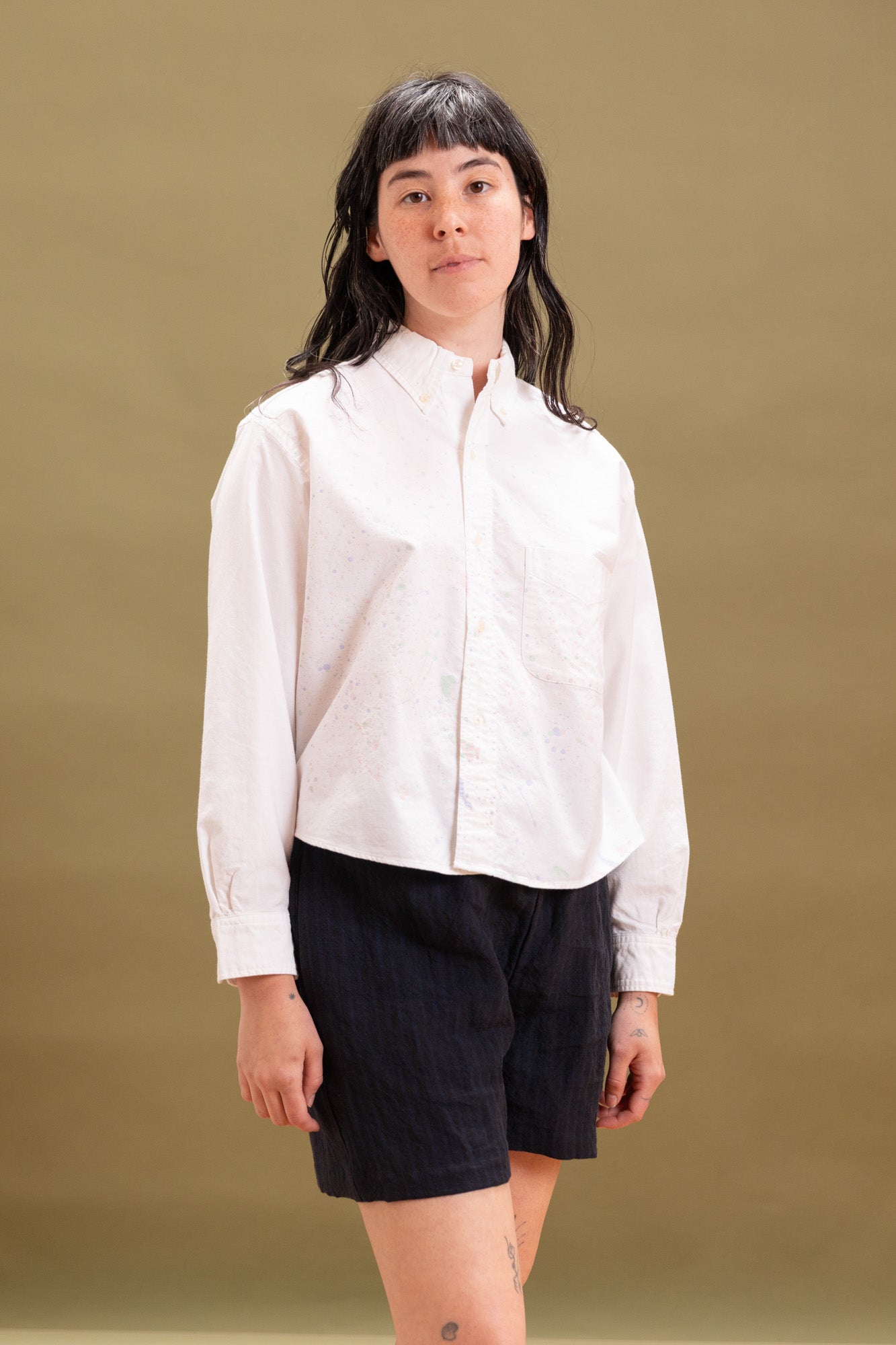 SHORT BUTTON DOWN SHIRT WITH PAINT SPLATTERS