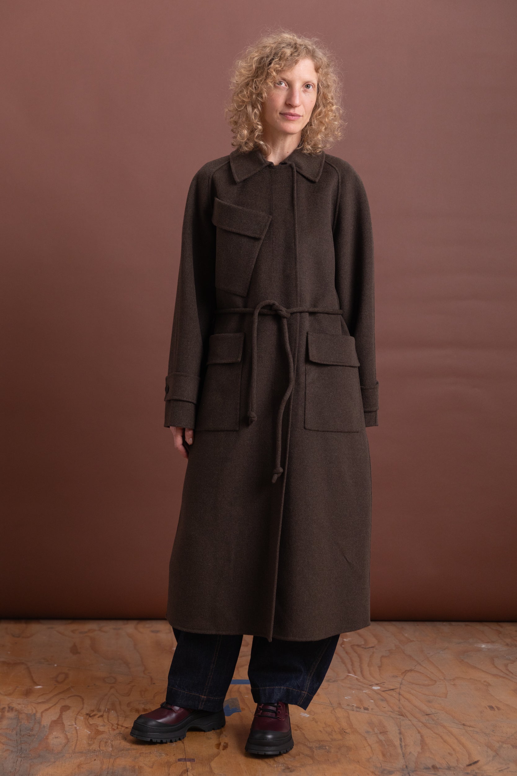 ALVES TRENCH IN BROWN MELANGE DOUBLEFACE TWILL WOOL