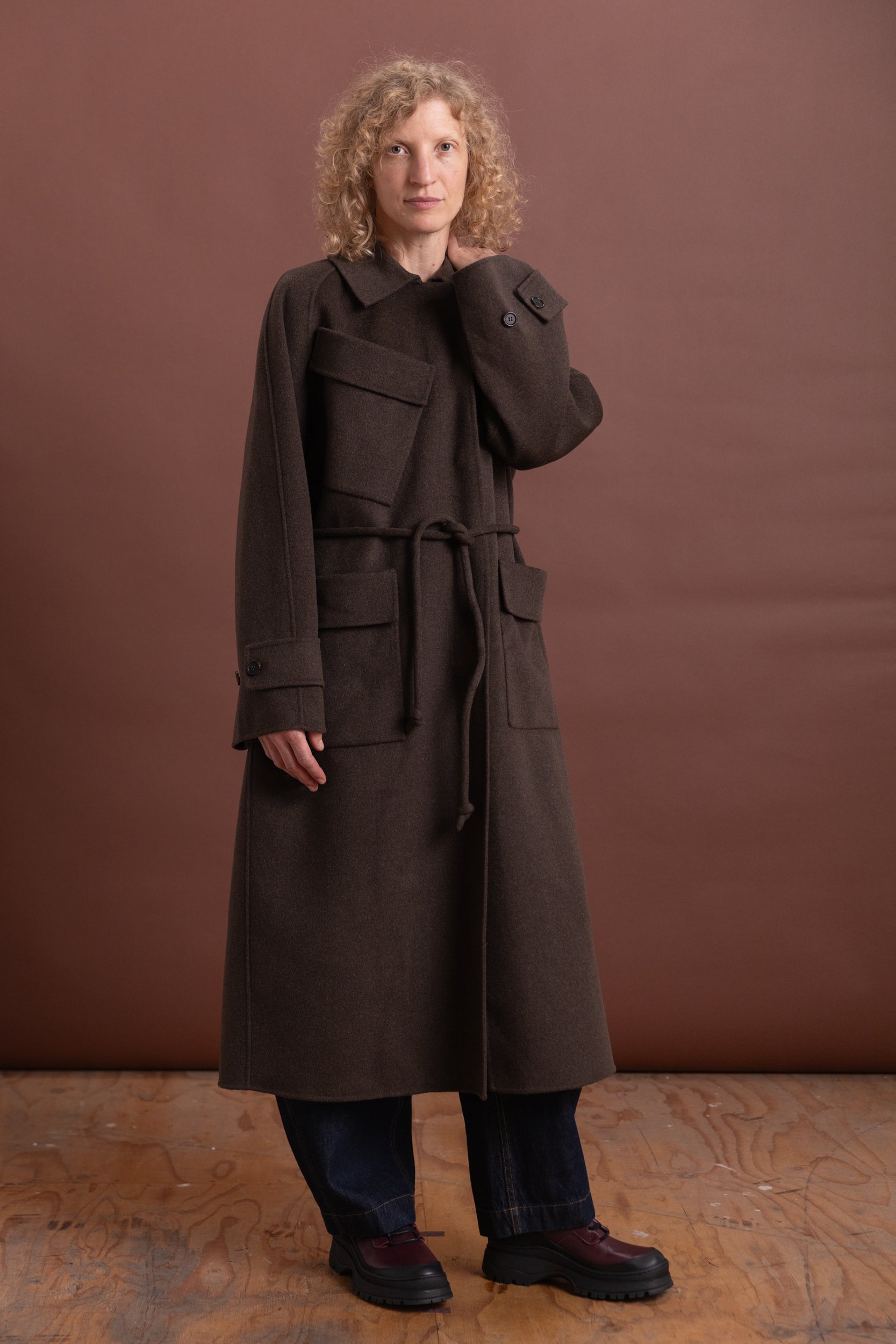 ALVES TRENCH IN BROWN MELANGE DOUBLEFACE TWILL WOOL