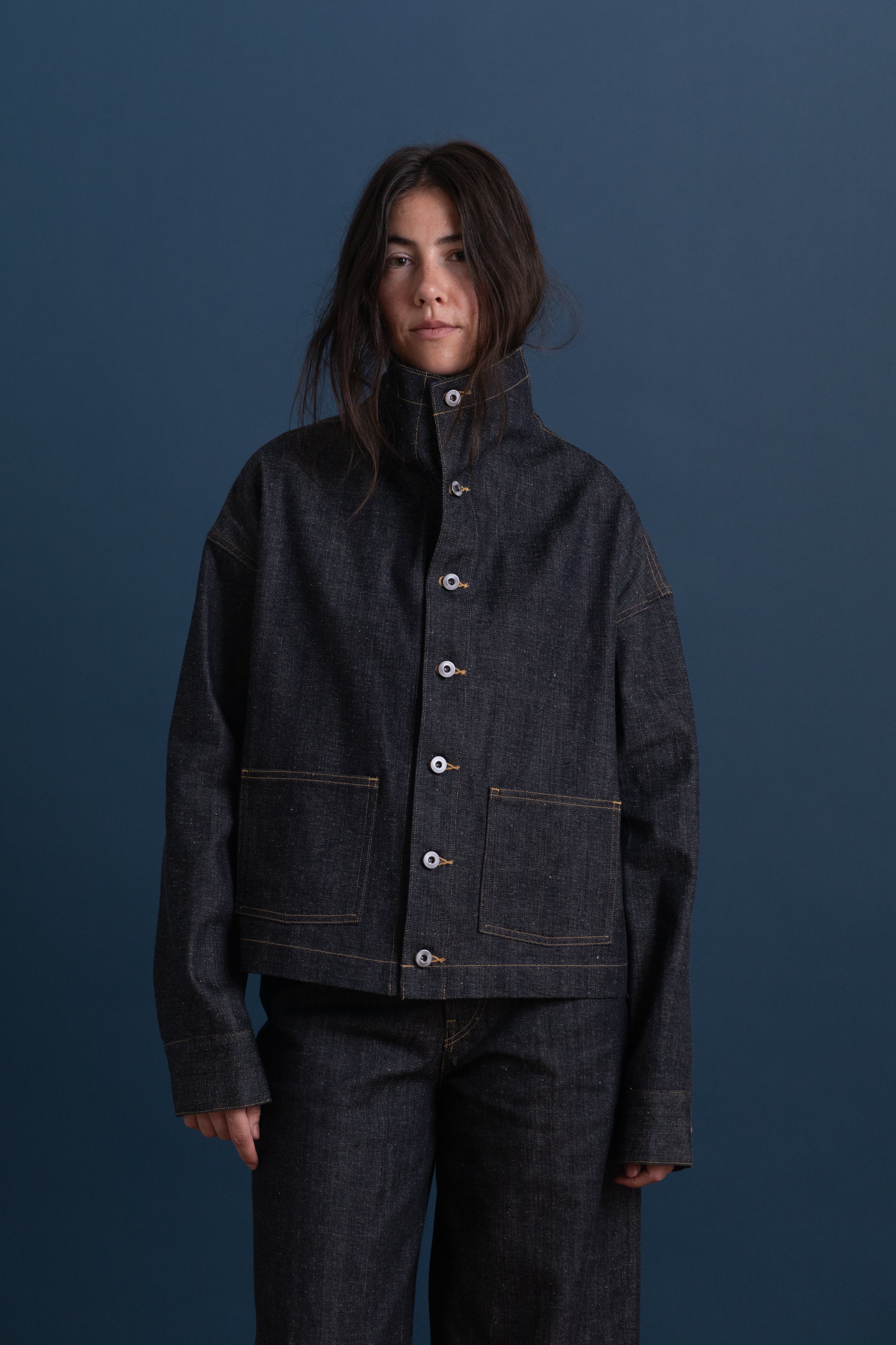 FUNNEL NECK COVERALL JACKET IN RAW DENIM