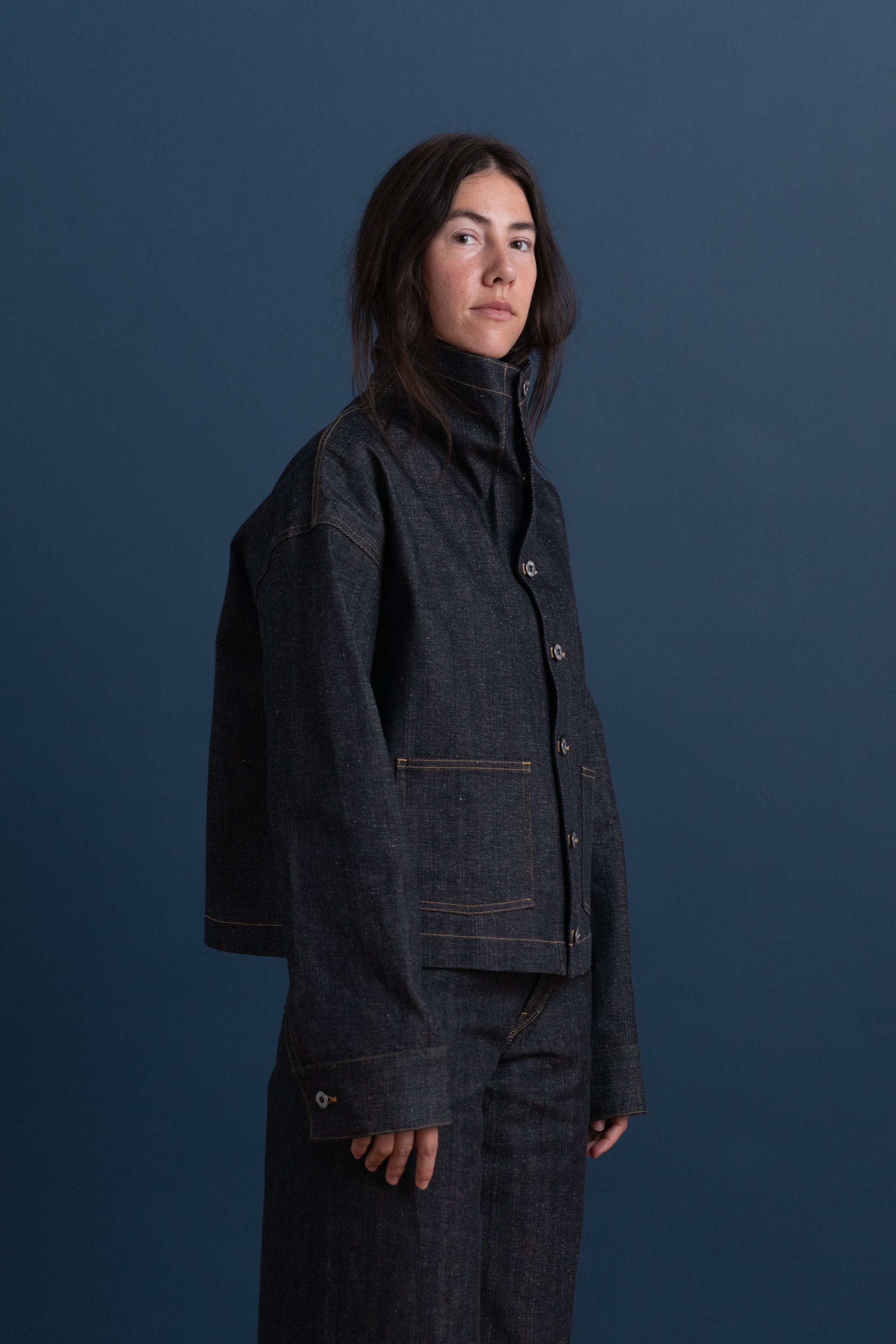 FUNNEL NECK COVERALL JACKET IN RAW DENIM