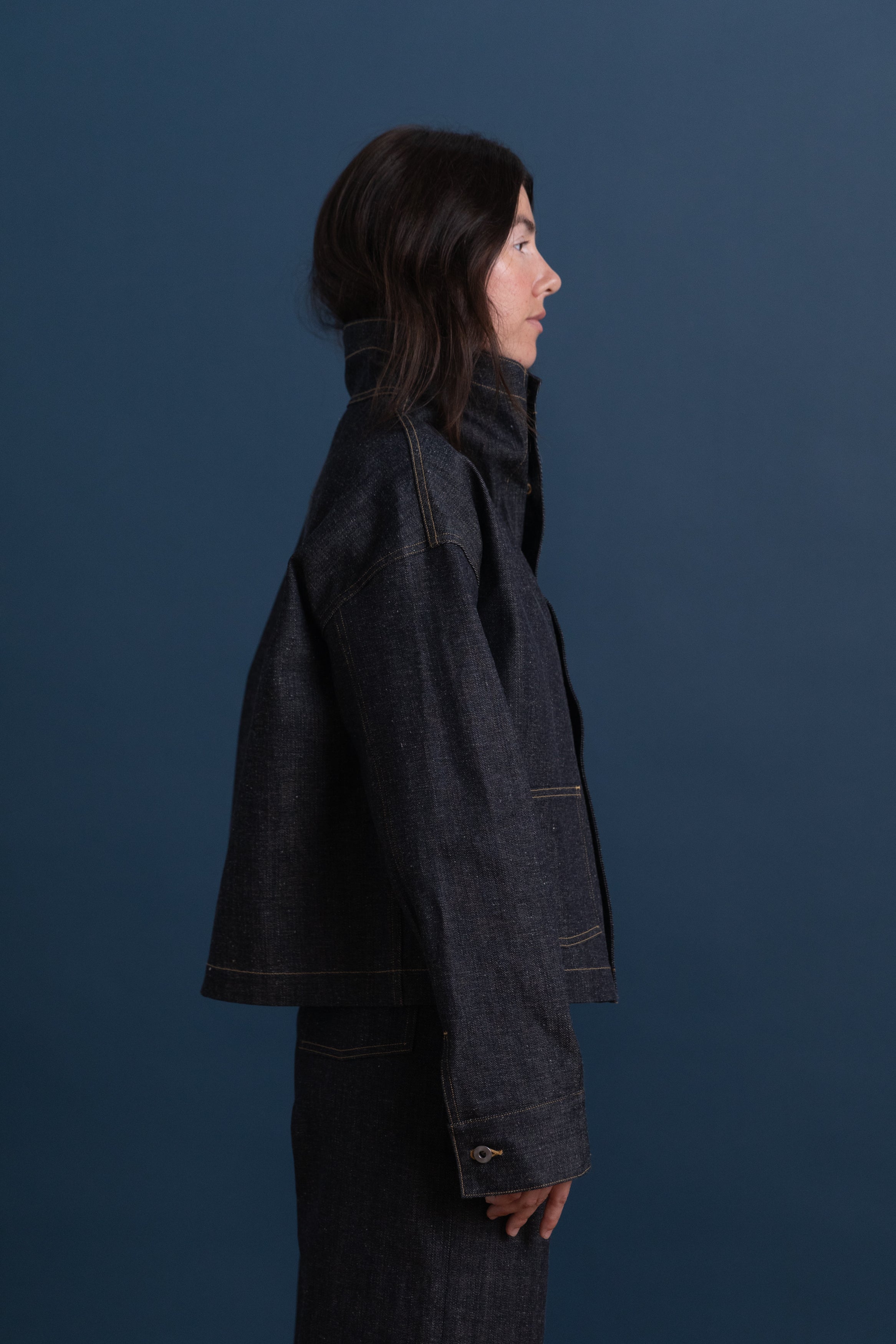 FUNNEL NECK COVERALL JACKET IN RAW DENIM