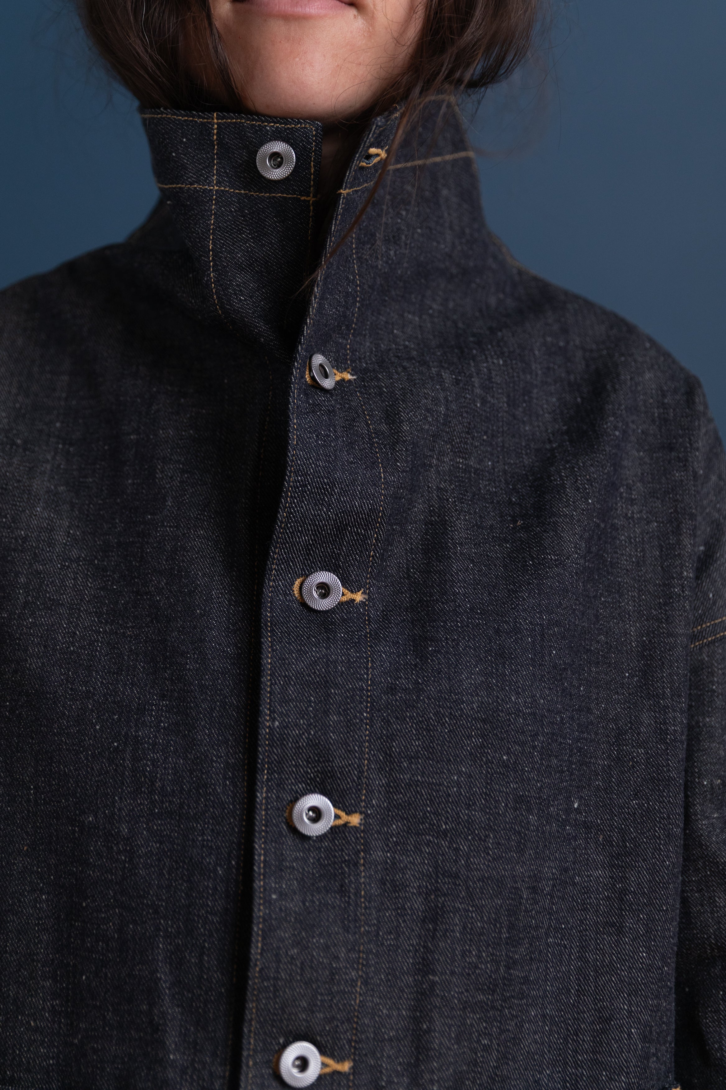 FUNNEL NECK COVERALL JACKET IN RAW DENIM