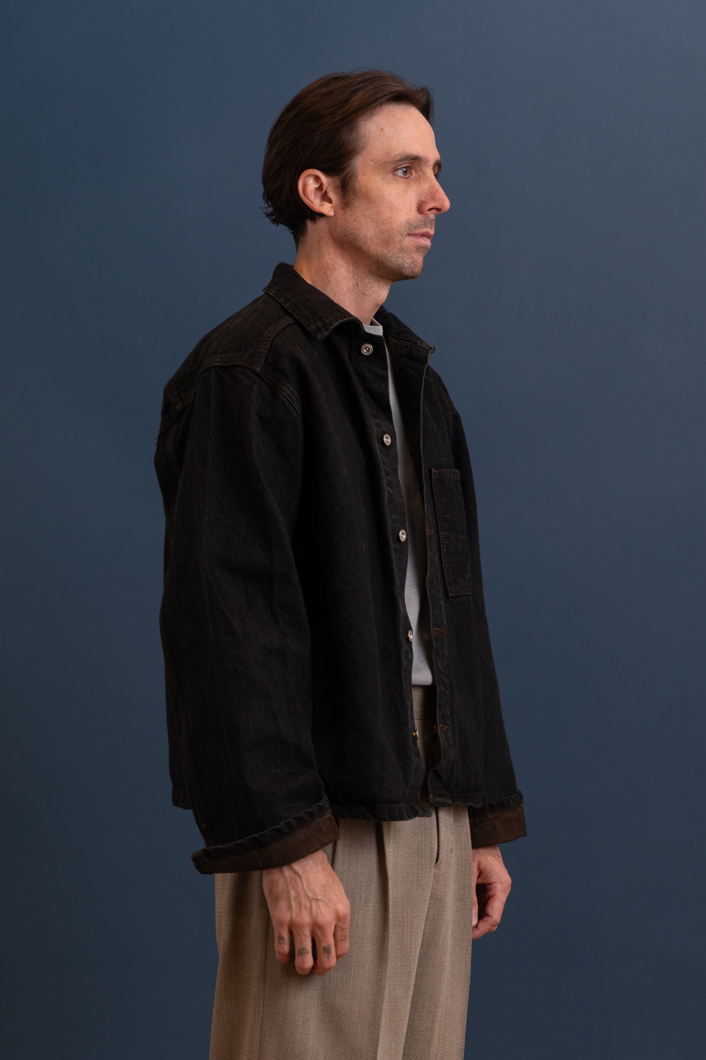 SHIRTMAKER'S JEANS JACKET IN BROWN HAT 16OZ SELVAGE DENIM