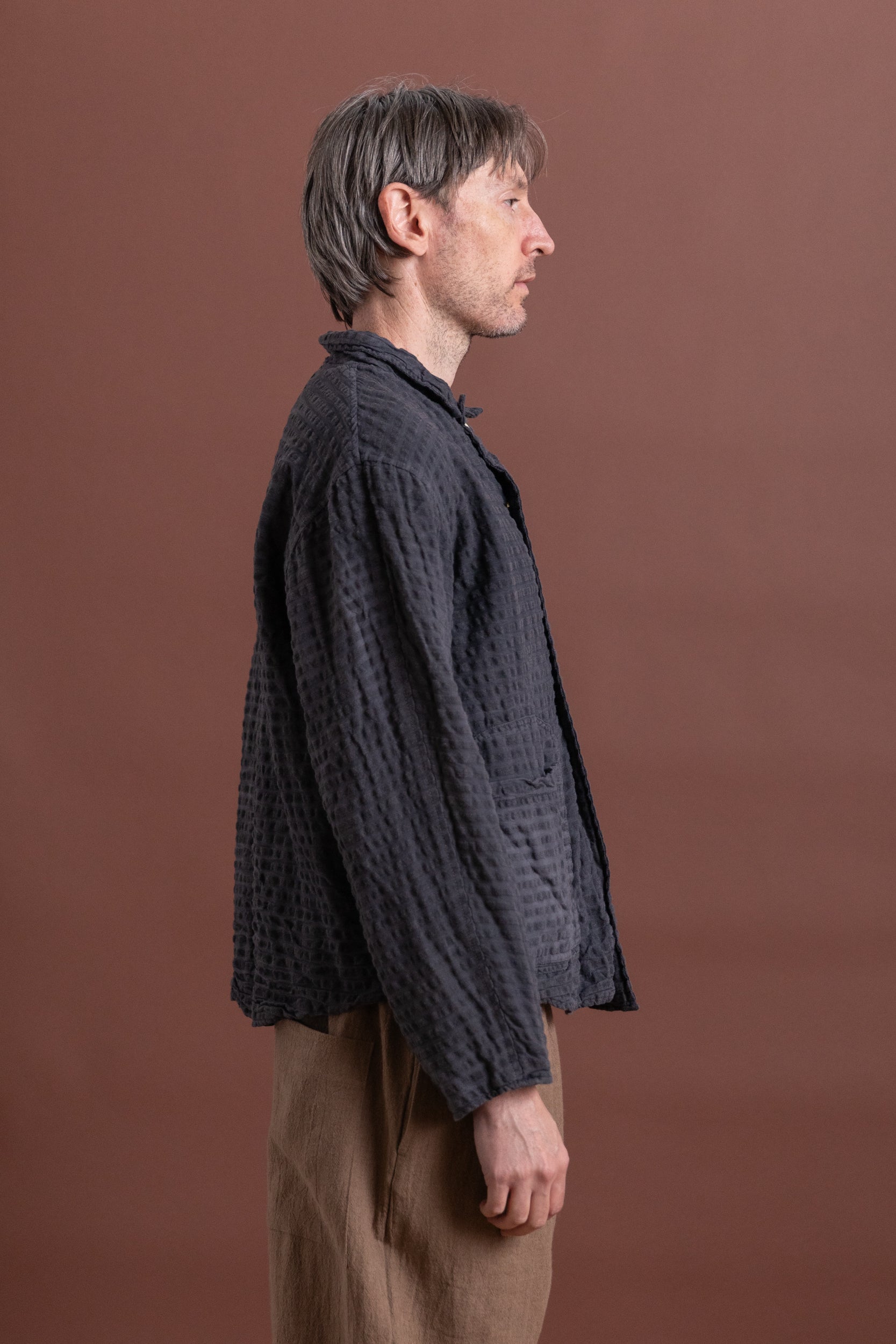 TWO:ONE BUTTERFLY JACKET IN CHESTNUT DYED WOOL COTTON SEERSUCKER