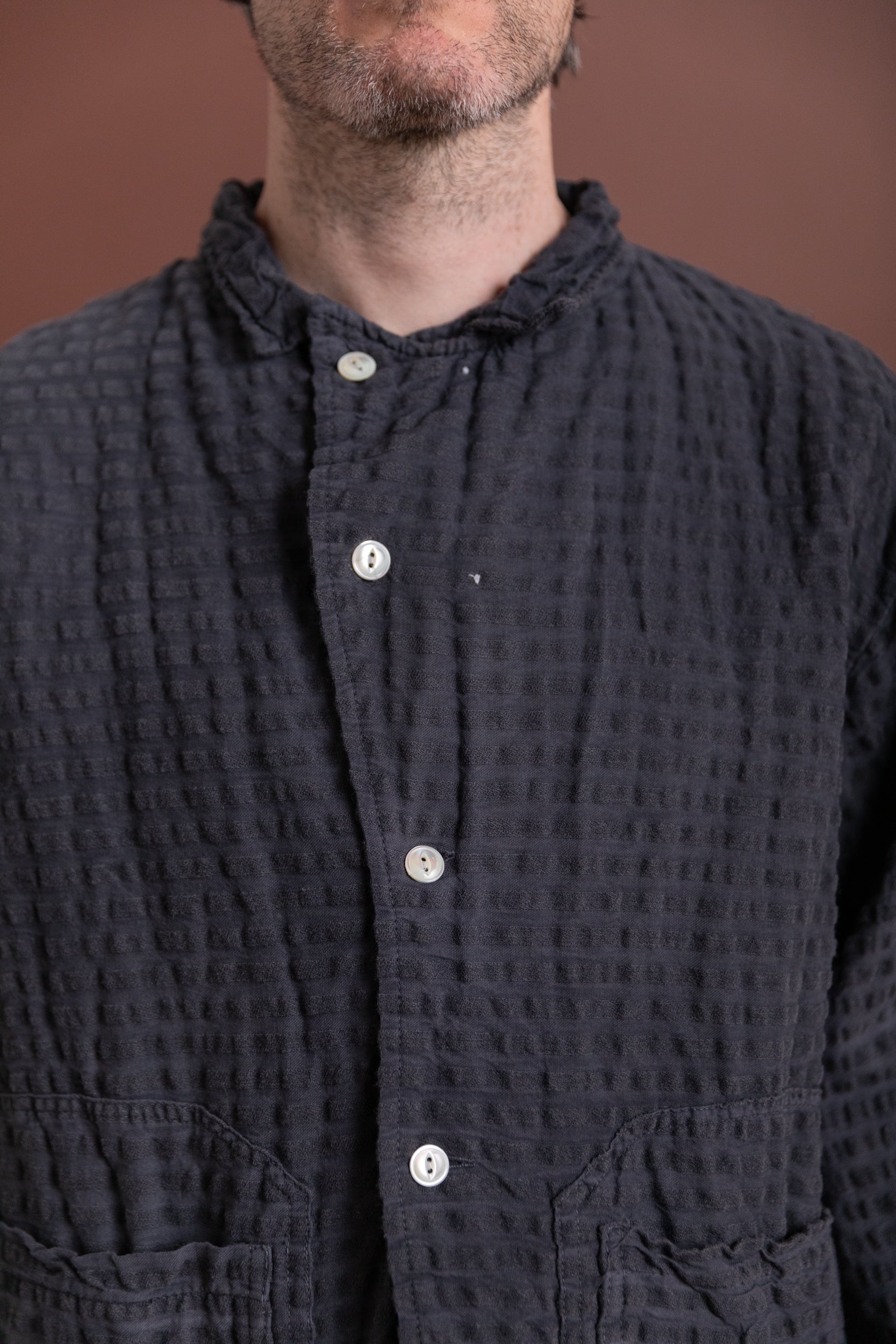 TWO:ONE BUTTERFLY JACKET IN CHESTNUT DYED WOOL COTTON SEERSUCKER