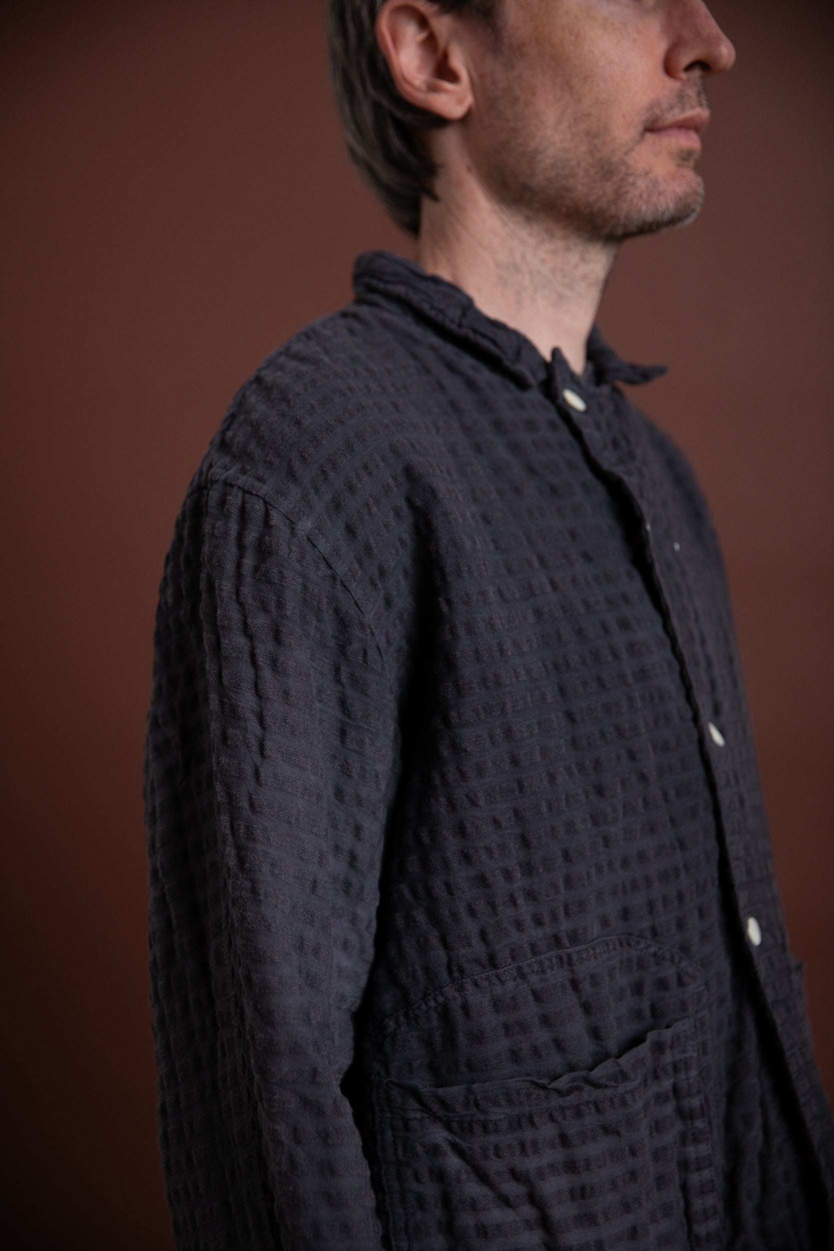 TWO:ONE BUTTERFLY JACKET IN CHESTNUT DYED WOOL COTTON SEERSUCKER