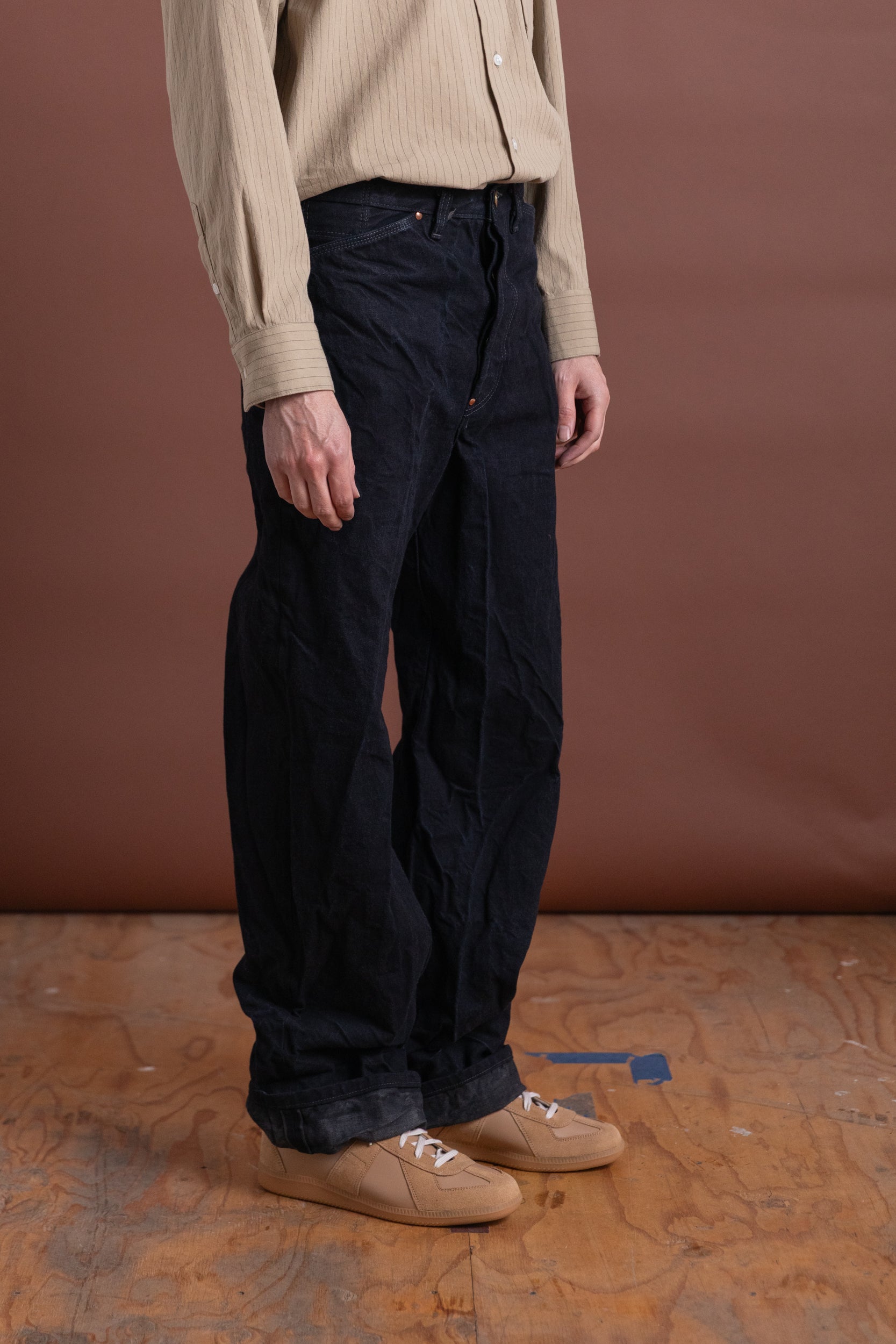 TYPER 124 WADER JEANS IN CHESTNUT DYED 16OZ SELVEDGE DENIM