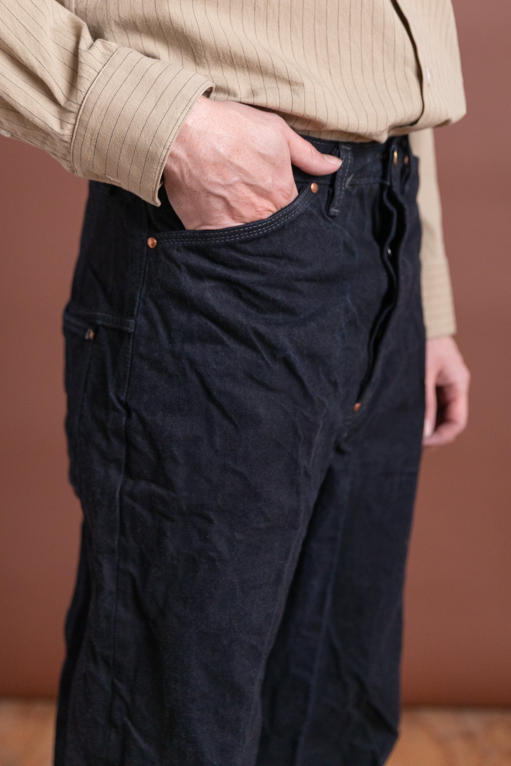 TYPER 124 WADER JEANS IN CHESTNUT DYED 16OZ SELVEDGE DENIM