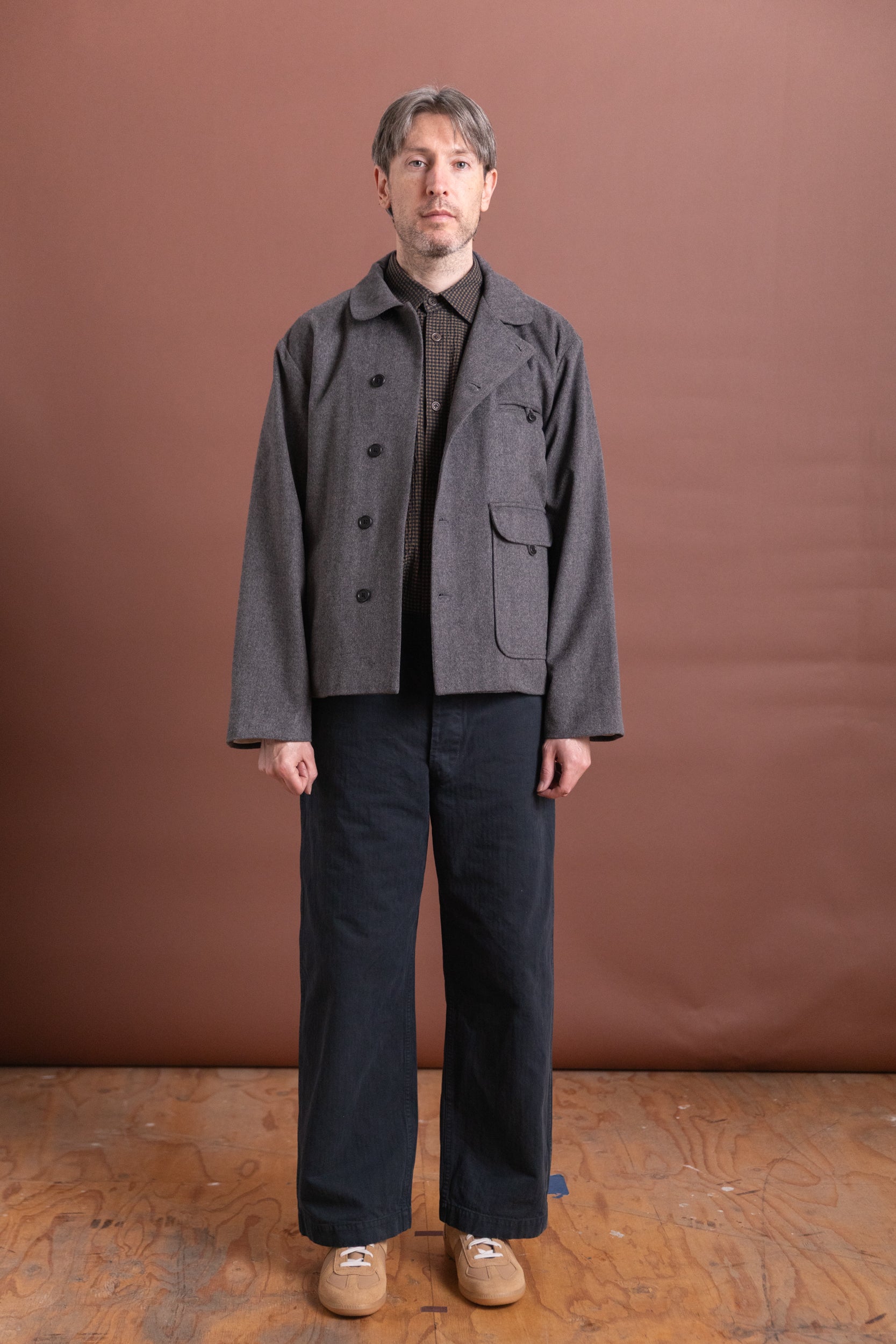 AIRPORT JACKET IN GREY HERRINGBONE WOOL CASHMERE