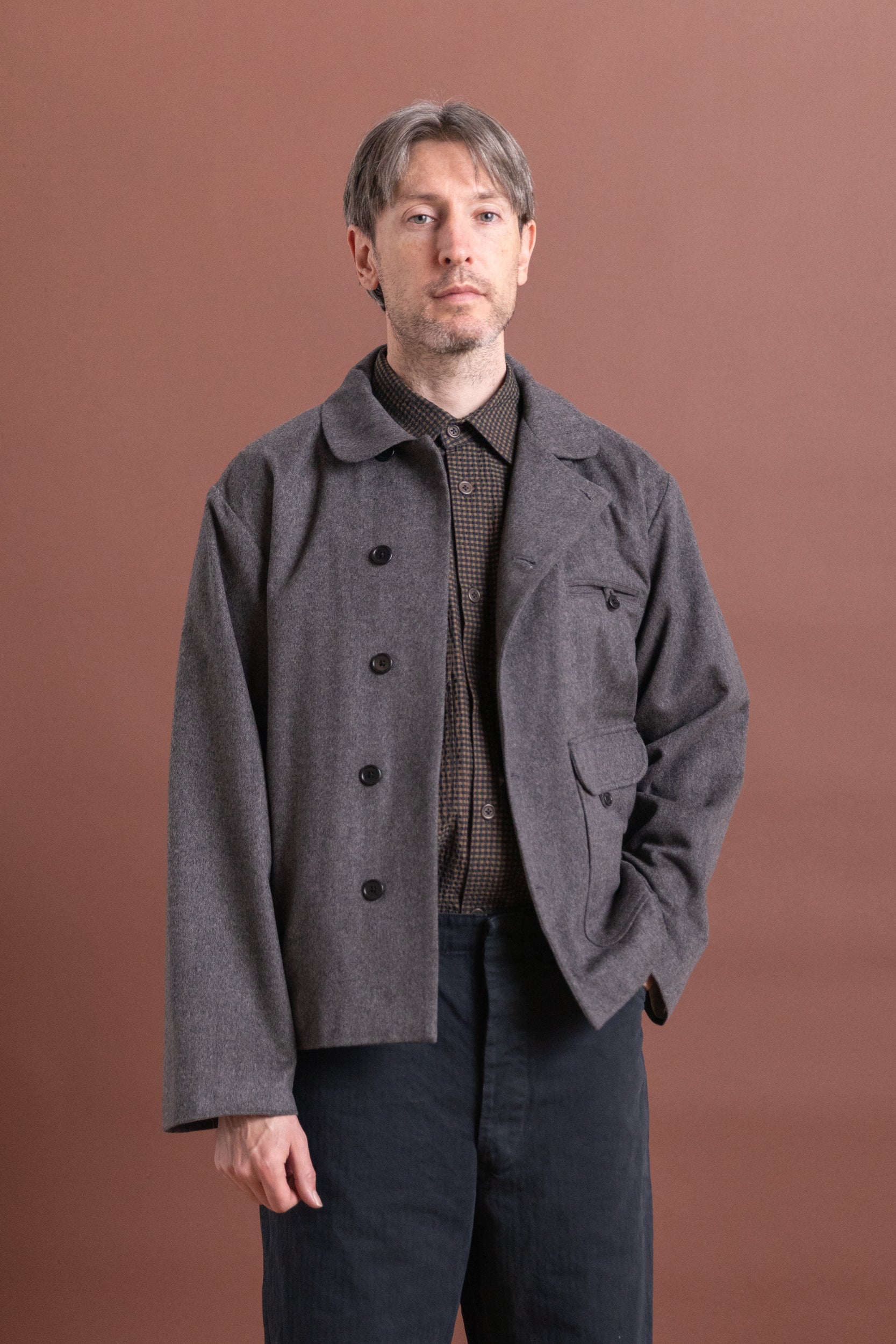 AIRPORT JACKET IN GREY HERRINGBONE WOOL CASHMERE