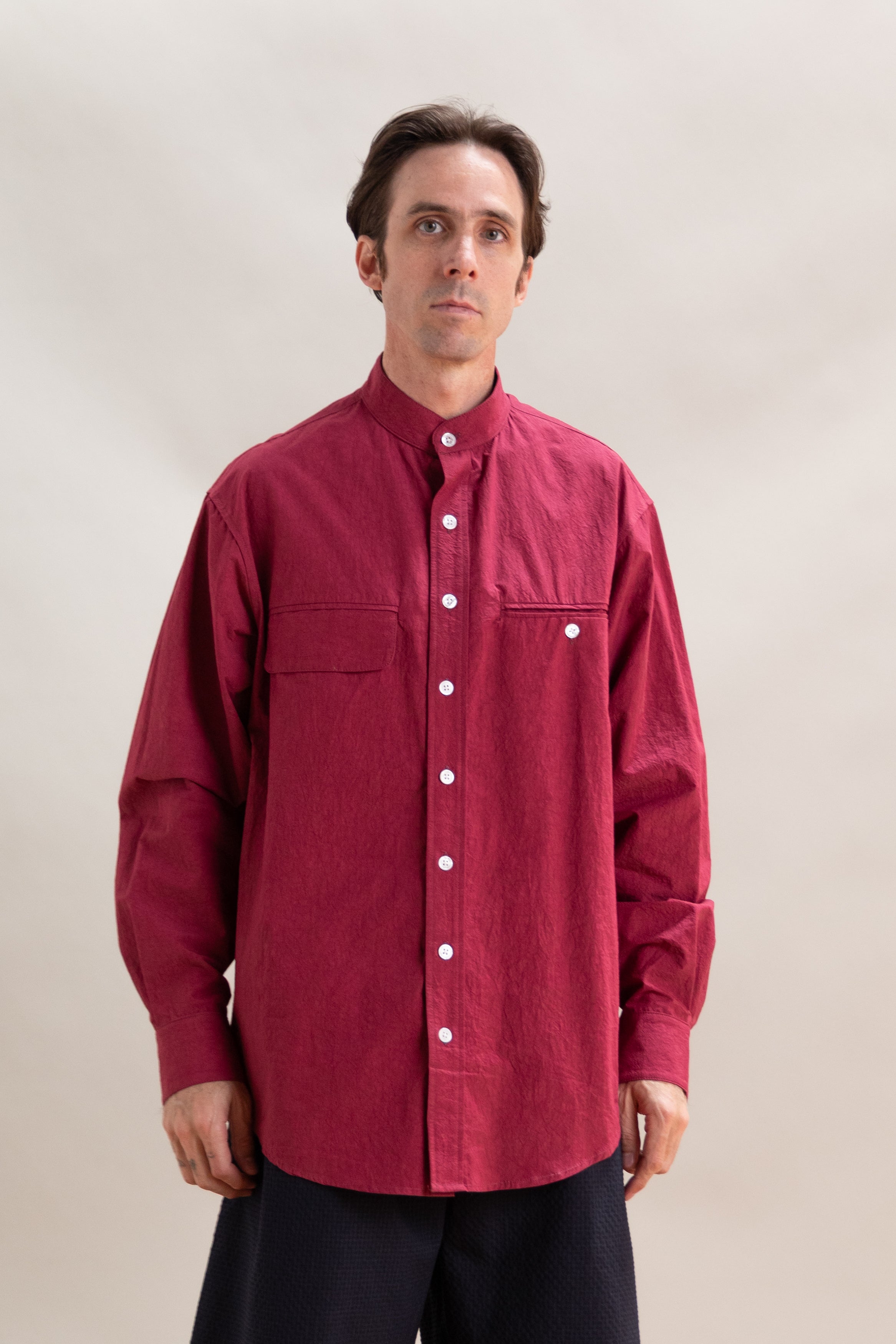 AIRPORT SHIRT IN BORDEAUX COTTON/LINEN TYPWRITER CLOTH