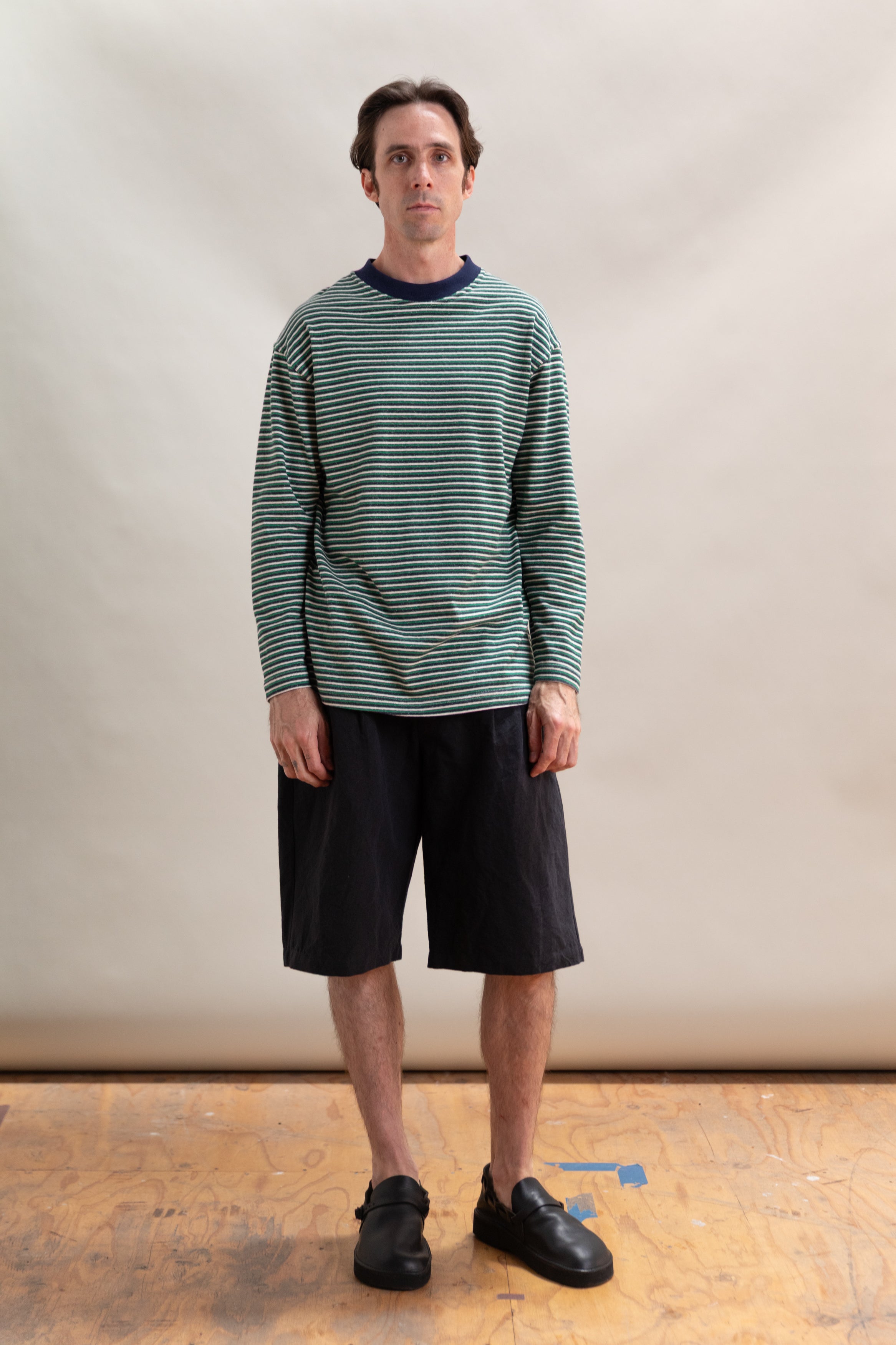 LONG SLEEVE TEE IN NAVY, GREEN AND WHITE STRIPE