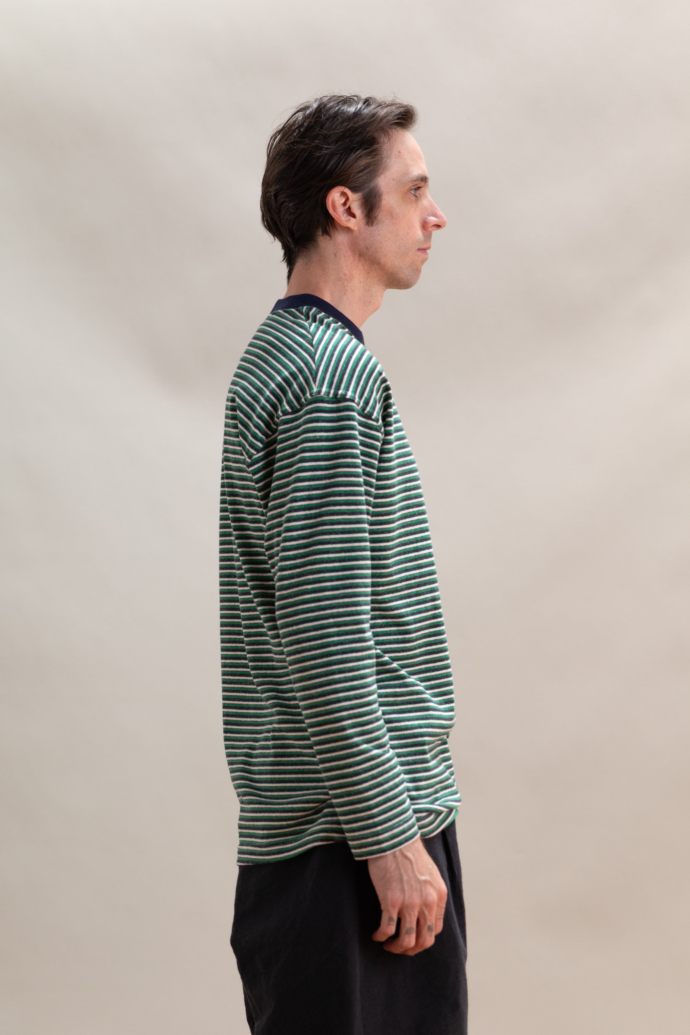 LONG SLEEVE TEE IN NAVY, GREEN AND WHITE STRIPE