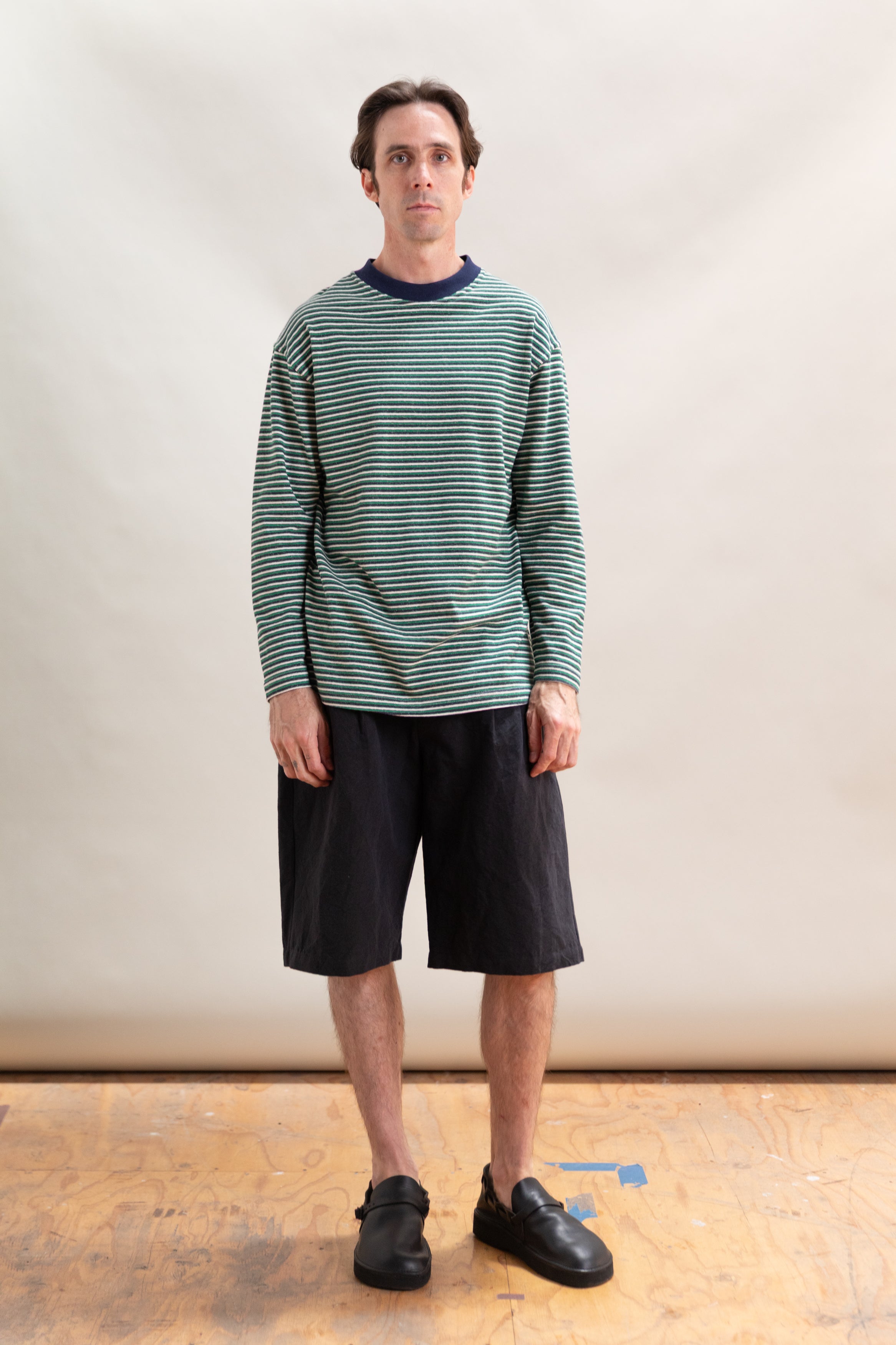 LONG SLEEVE TEE IN NAVY, GREEN AND WHITE STRIPE