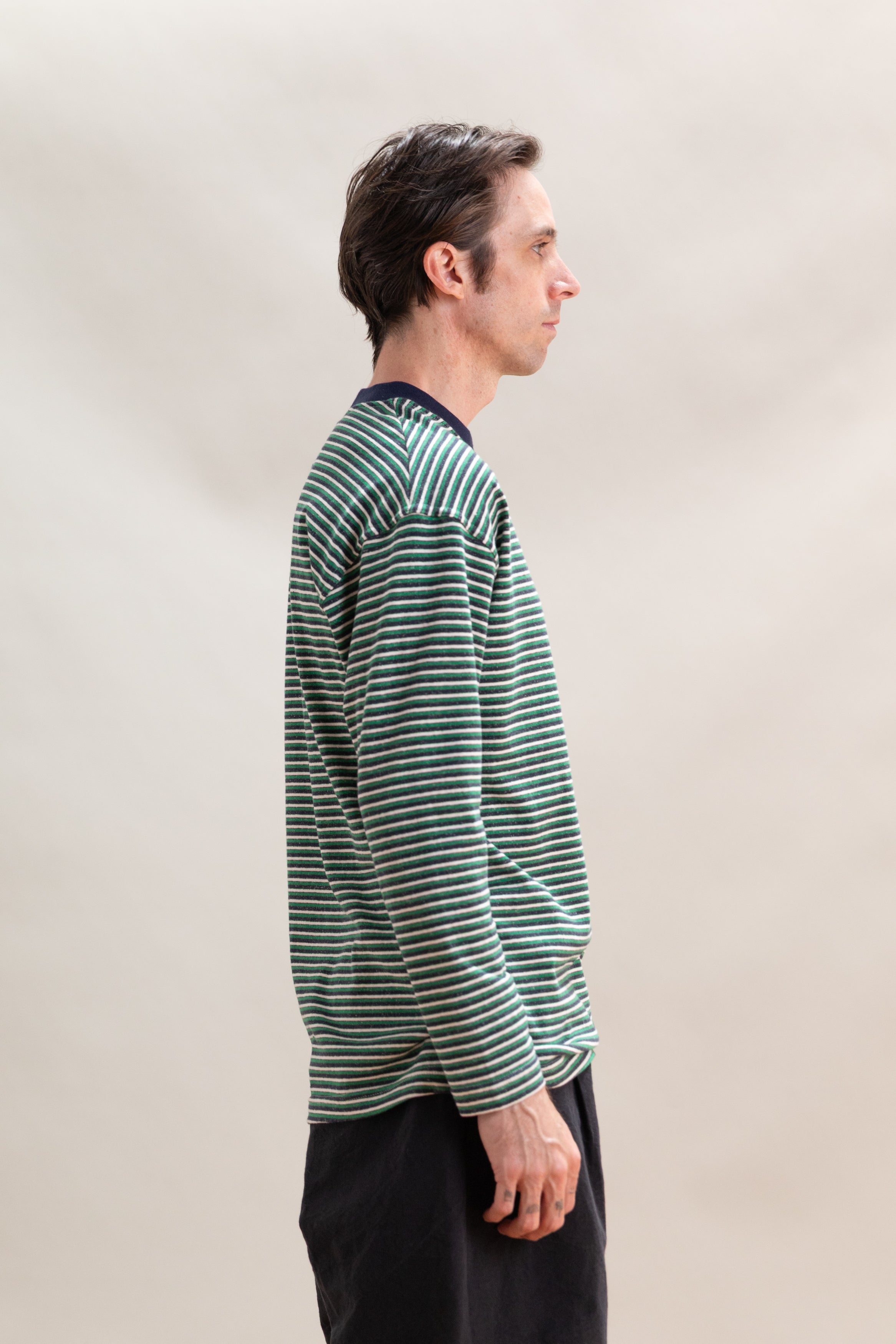 LONG SLEEVE TEE IN NAVY, GREEN AND WHITE STRIPE