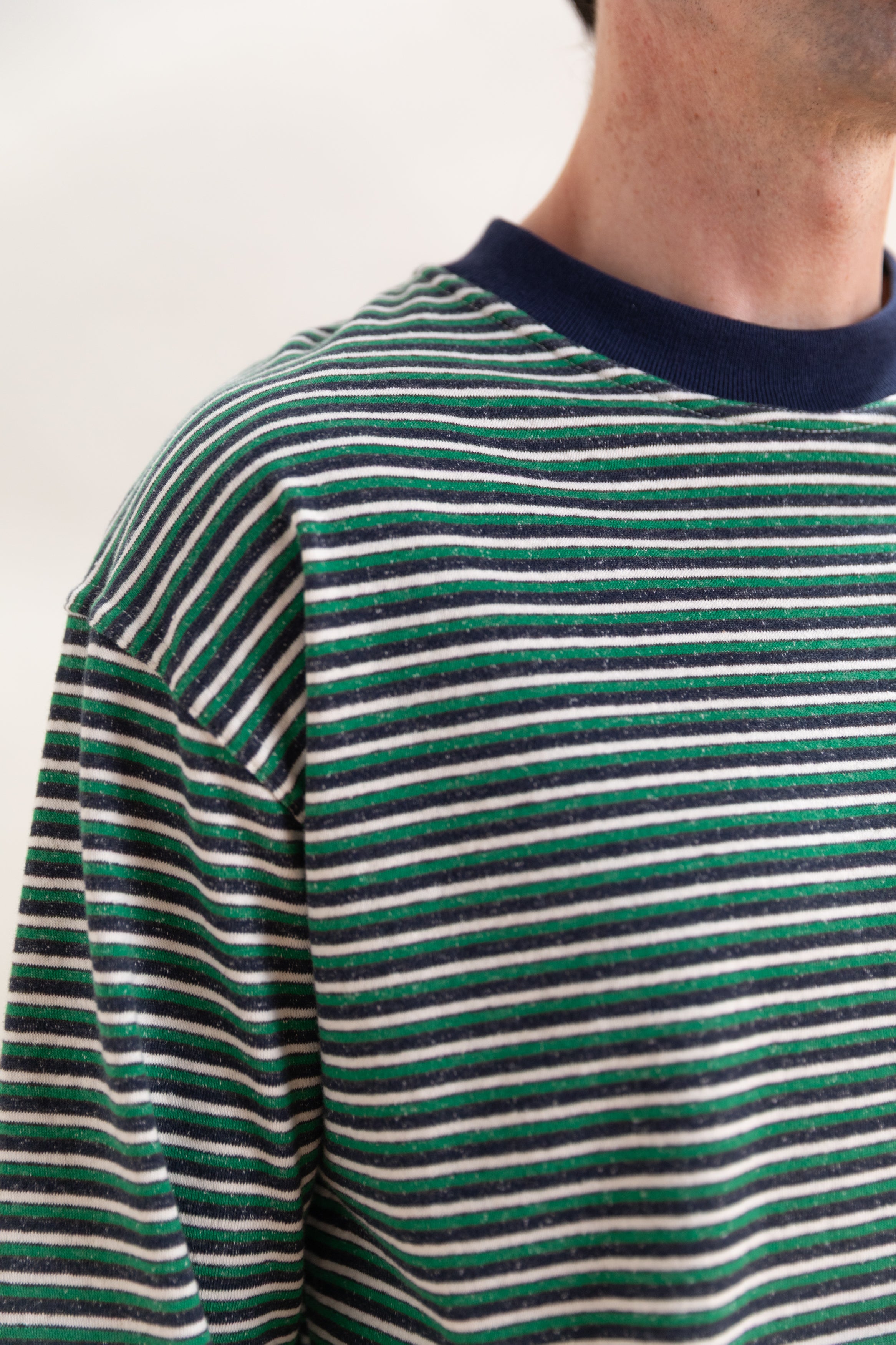 LONG SLEEVE TEE IN NAVY, GREEN AND WHITE STRIPE