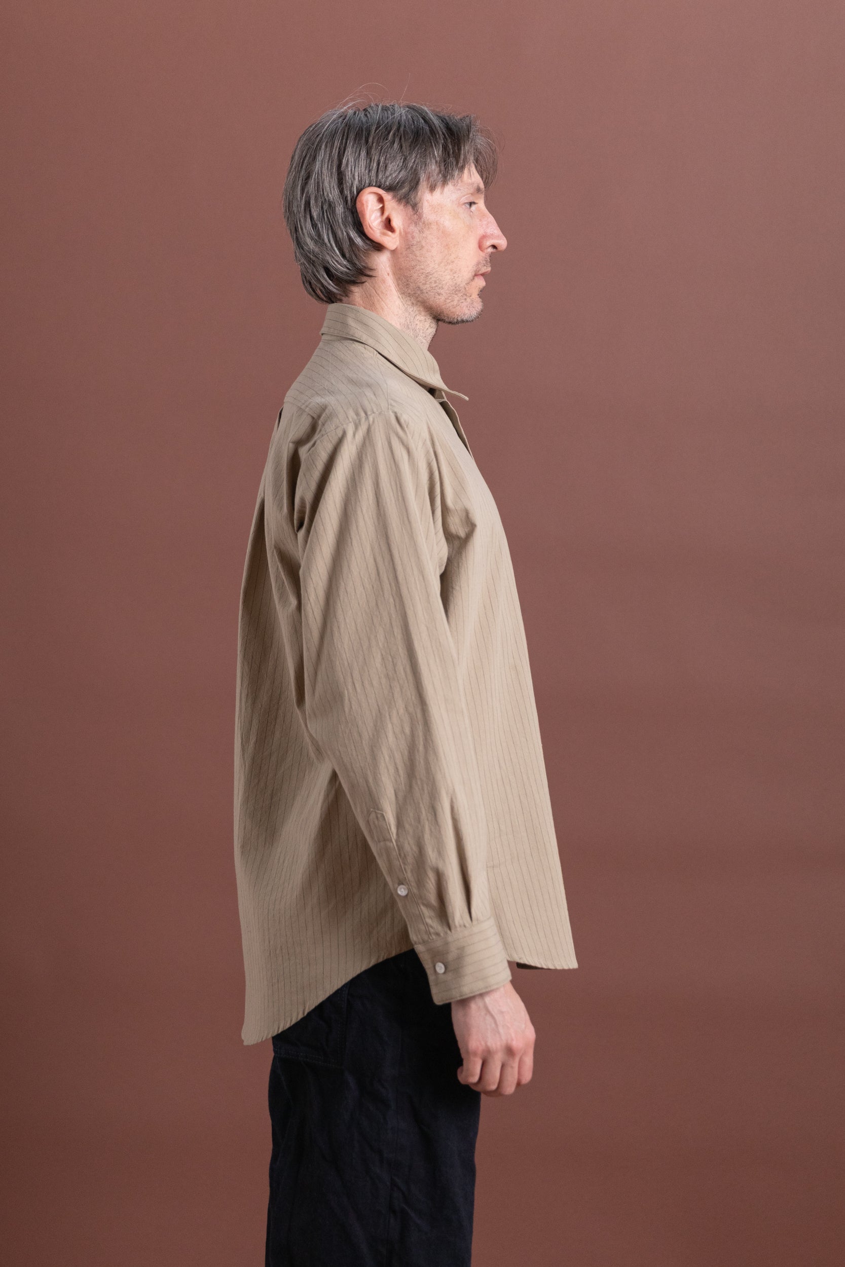 OFFICE SHIRT IN TAN STRIPE COTTON LINEN RAMIE