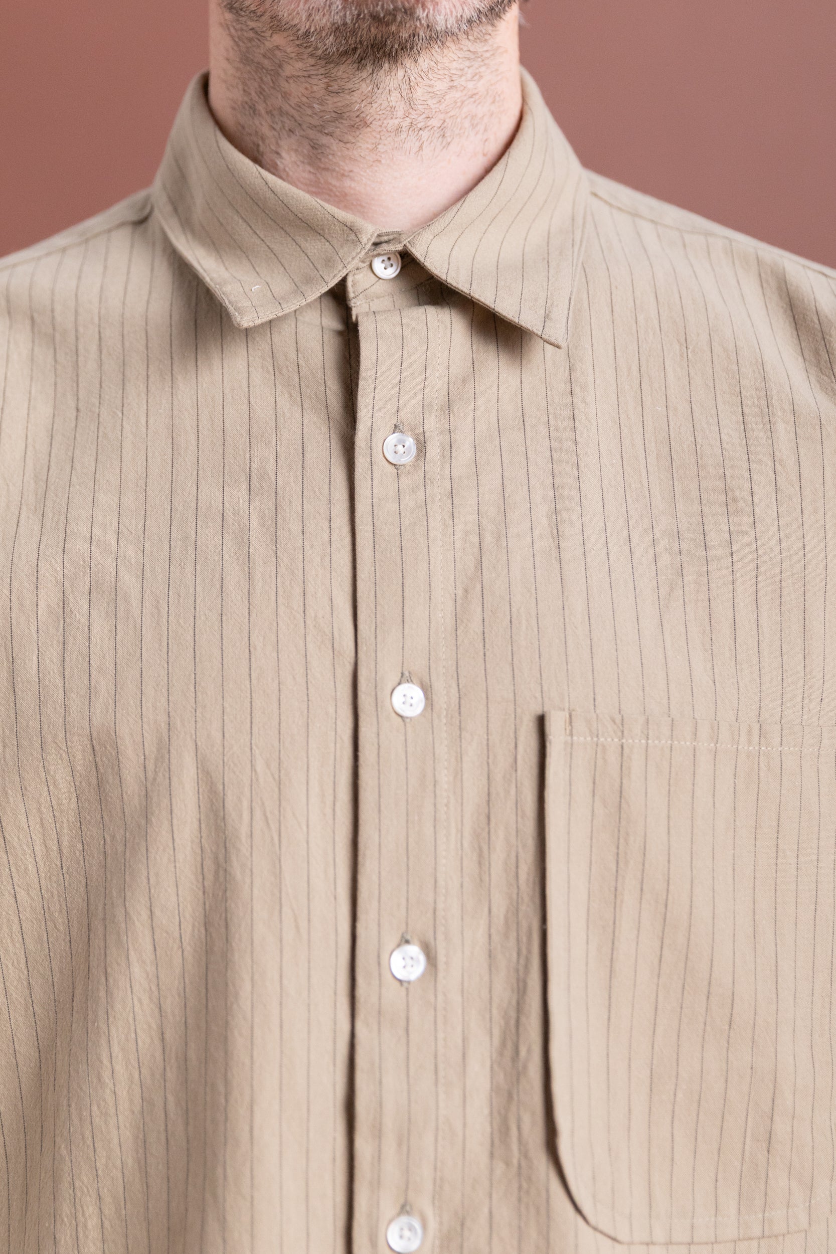 OFFICE SHIRT IN TAN STRIPE COTTON LINEN RAMIE