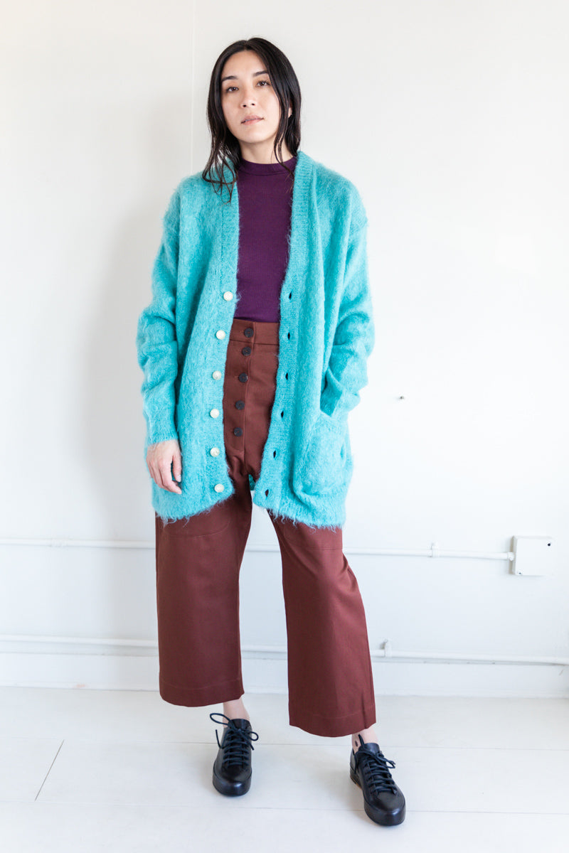 BRUSHED SUPER KID MOHAIR LONG CARDIGAN IN BLUE