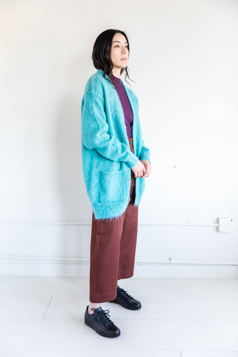 BRUSHED SUPER KID MOHAIR LONG CARDIGAN IN BLUE