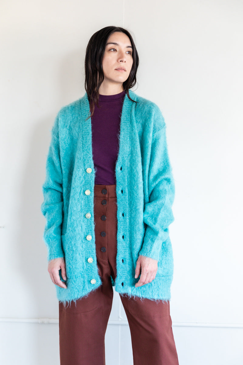 BRUSHED SUPER KID MOHAIR LONG CARDIGAN IN BLUE