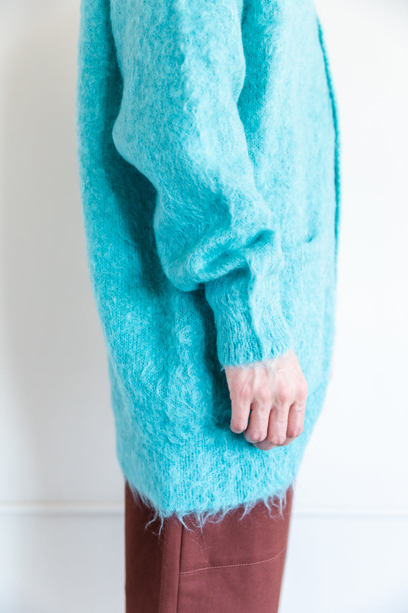 BRUSHED SUPER KID MOHAIR LONG CARDIGAN IN BLUE