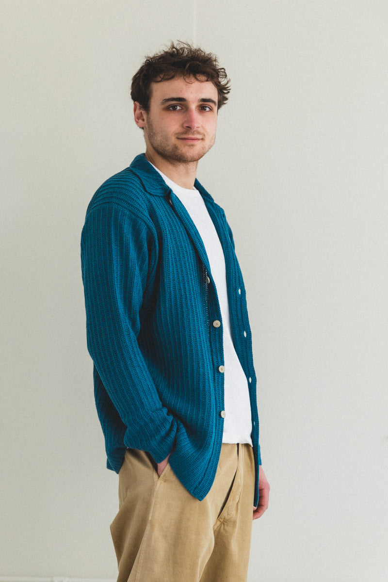 BRUSHED COTTON WOOL RIB KNIT SHIRTS IN BLUE