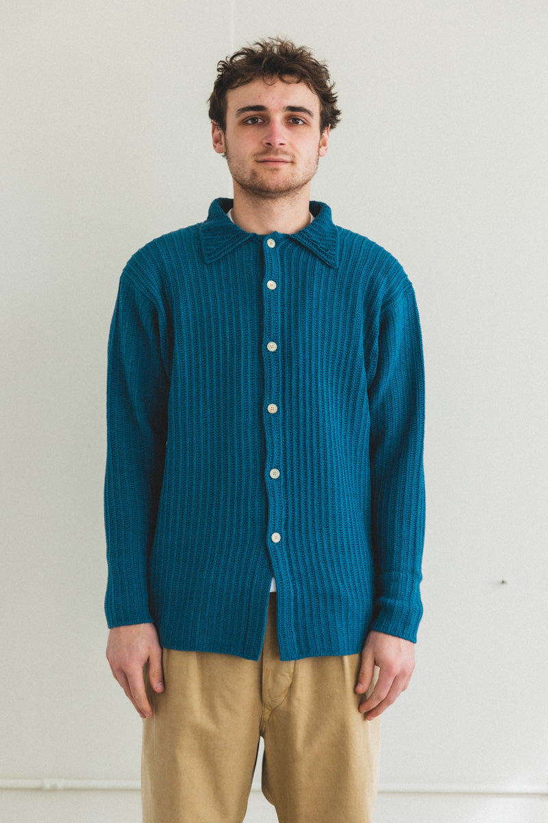 BRUSHED COTTON WOOL RIB KNIT SHIRTS IN BLUE