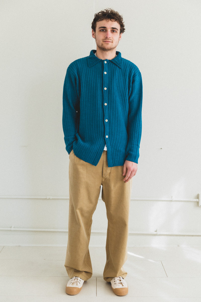 BRUSHED COTTON WOOL RIB KNIT SHIRTS IN BLUE