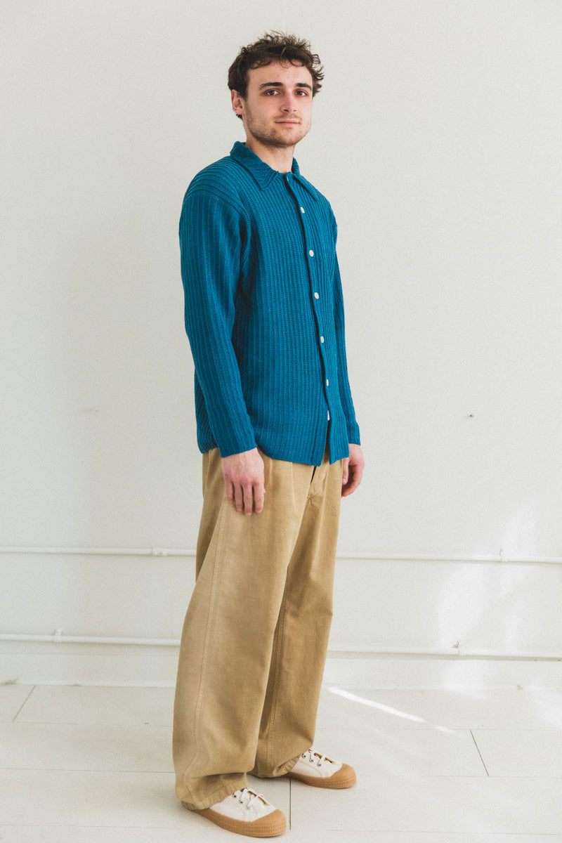 BRUSHED COTTON WOOL RIB KNIT SHIRTS IN BLUE