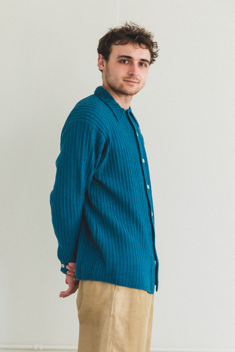 BRUSHED COTTON WOOL RIB KNIT SHIRTS IN BLUE