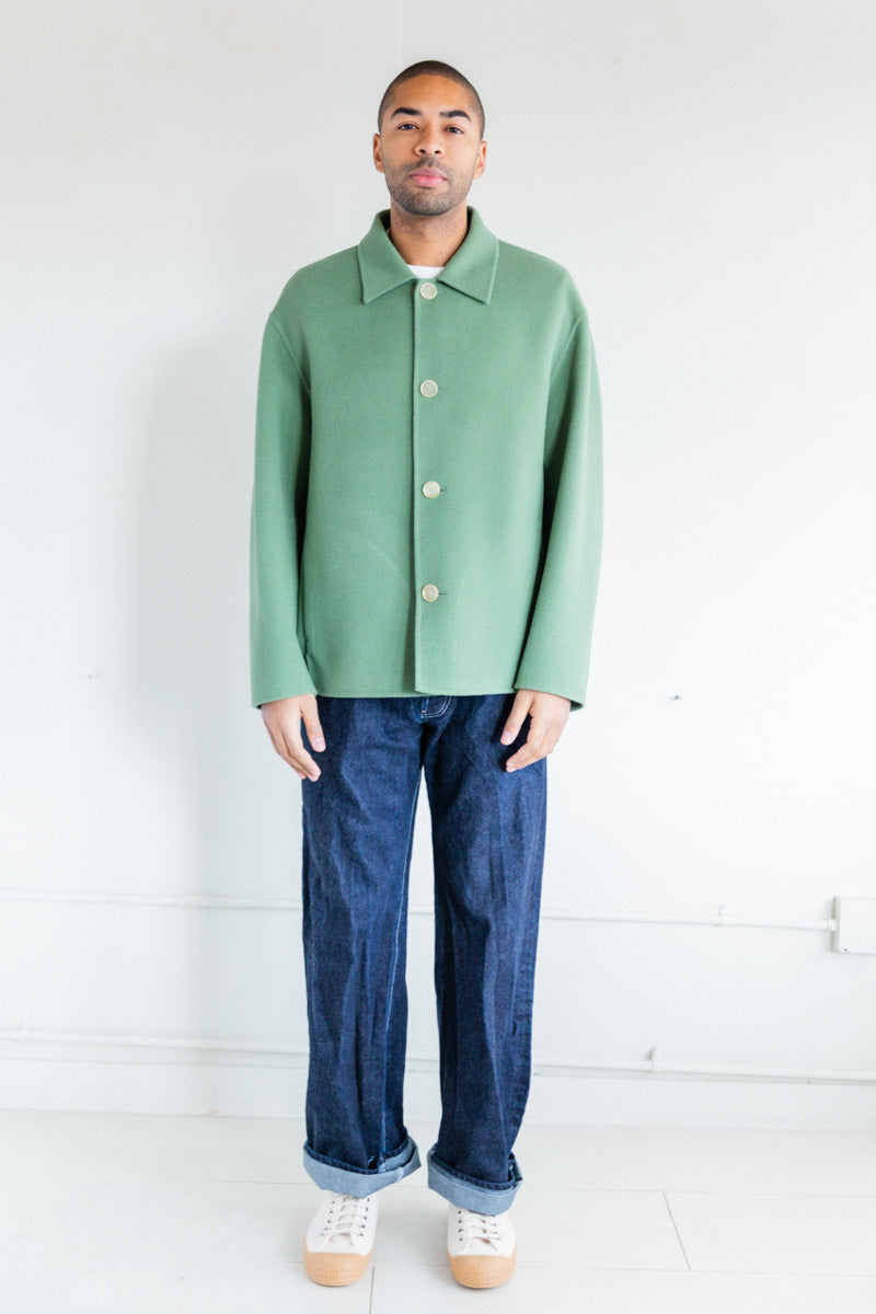 VELOUR BRUSHED WOOL MELTON HAND SEWN JACKET IN SAGE GREEN — Shop