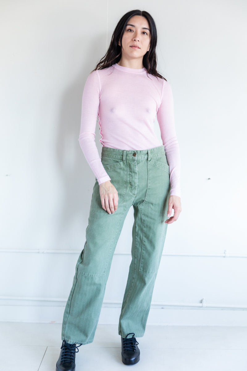 VALI PANT IN MOSS HERRINGBONE TWILL