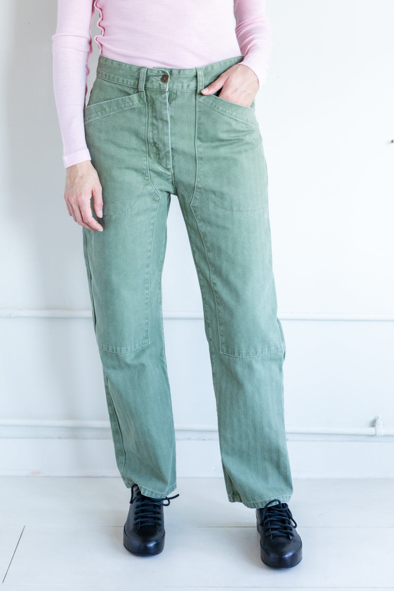 VALI PANT IN MOSS HERRINGBONE TWILL