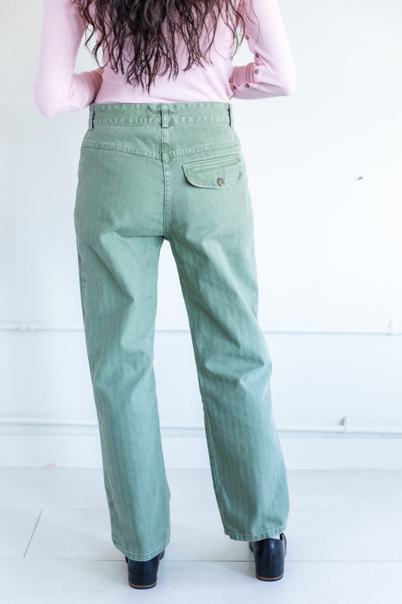 VALI PANT IN MOSS HERRINGBONE TWILL