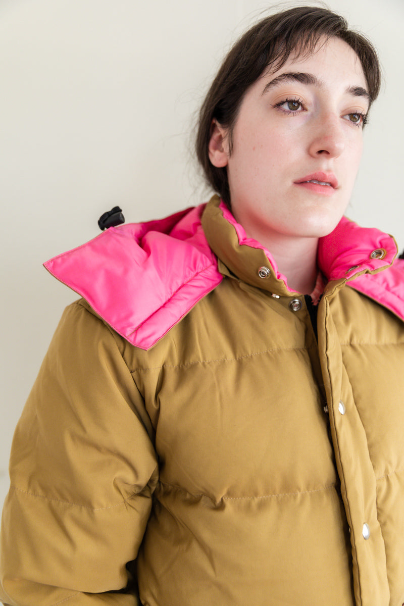 DOWN SWEATER IN TAN & BERRY