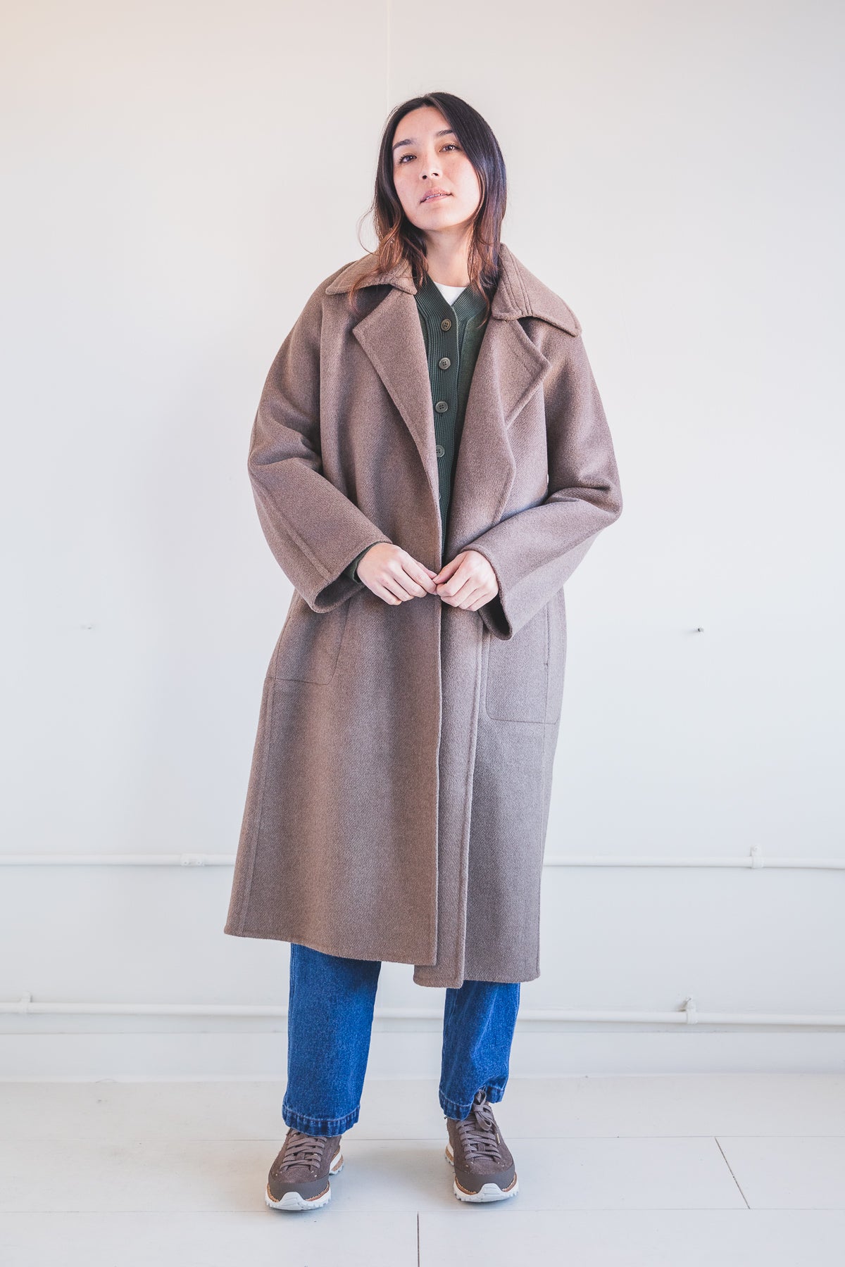 DOUBLE FACE LONG COAT IN UNDYED BROWN YAK WOOL — Shop Boswell